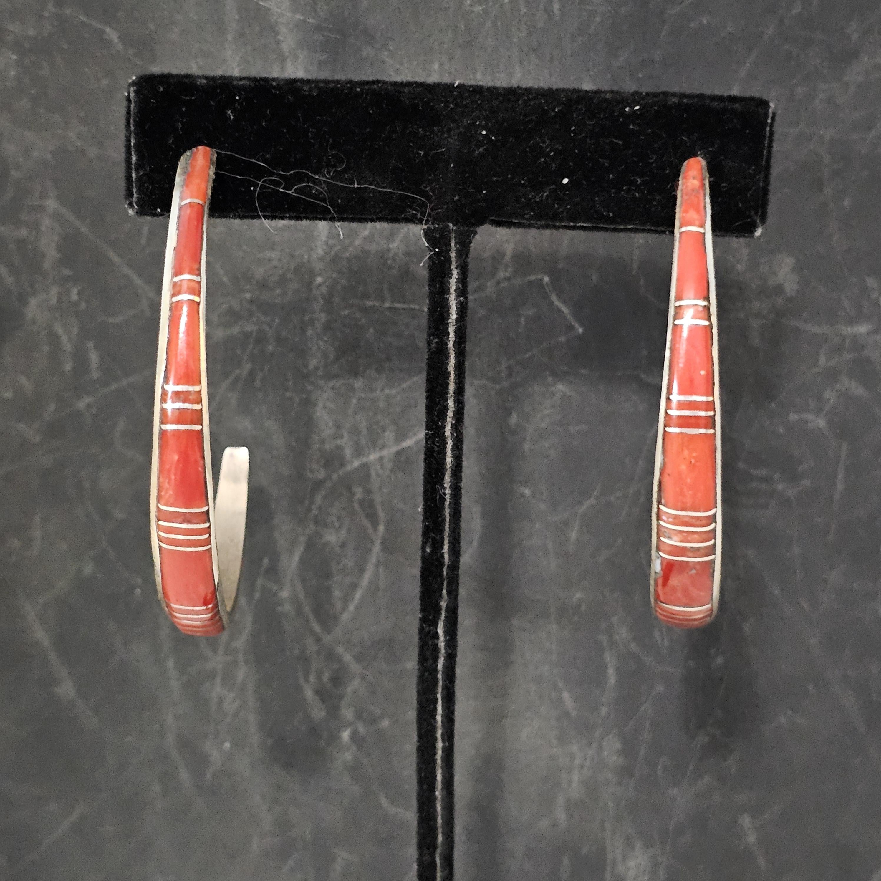 Big Coral Inlay Zuni Silver Vintage Hoops Native Old Pawn JE 566