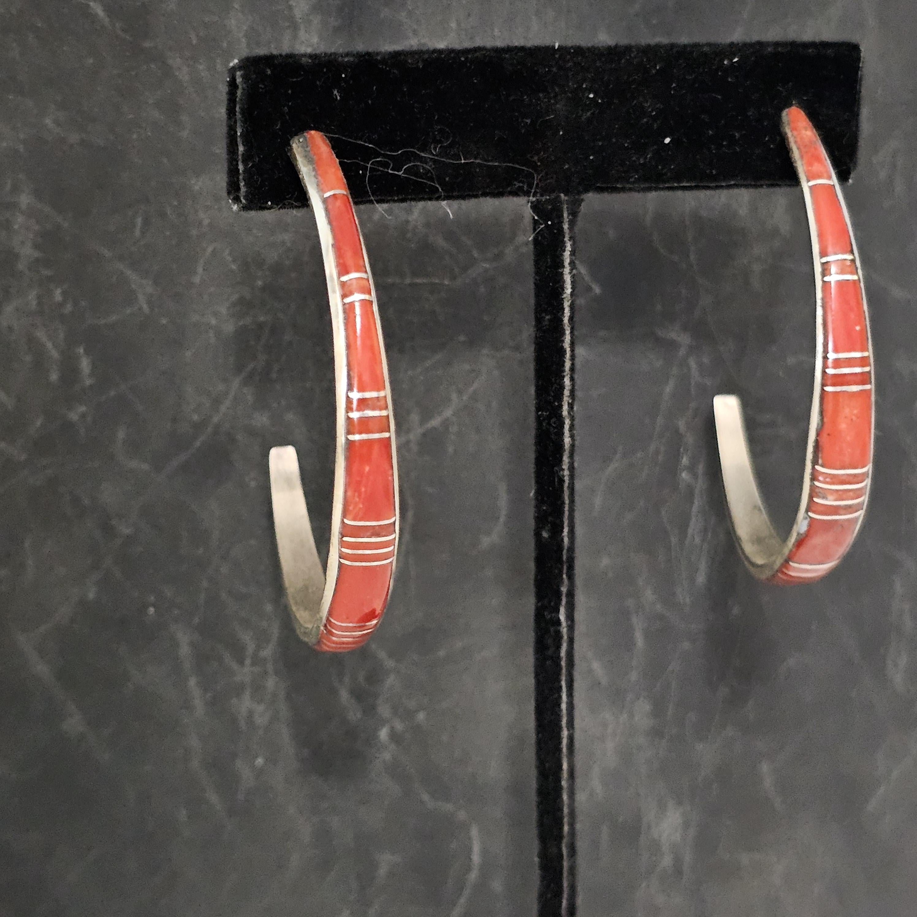 Big Coral Inlay Zuni Silver Vintage Hoops Native Old Pawn JE 566