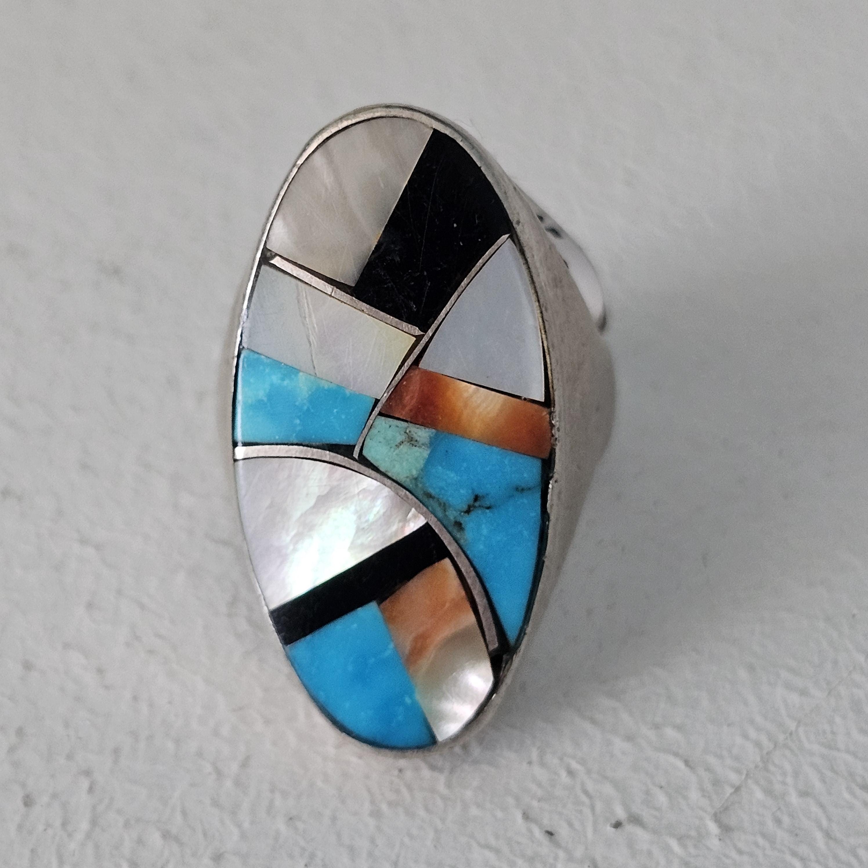 Vintage Zuni Inlay Sterling Silver Ring: Turquoise, Onyx, Mother of Pearl, Size 10