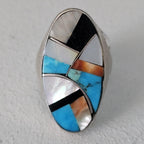 Vintage Zuni Inlay Sterling Silver Ring: Turquoise, Onyx, Mother of Pearl, Size 10