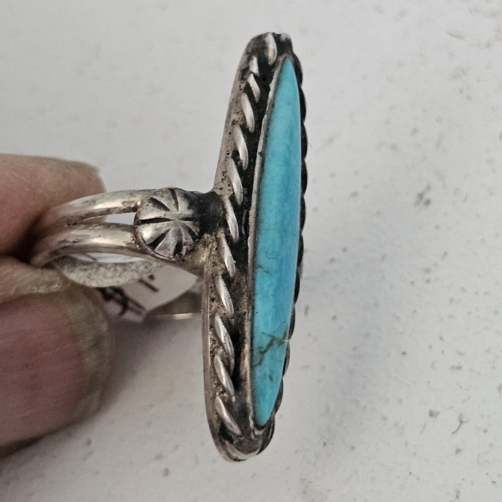 Elegant Long Blue Turquoise Vintage Sterling Band Old Pawn Size 6 1/2 JR 711