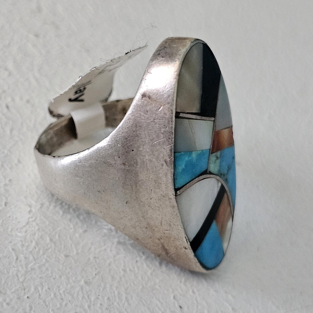 Vintage Zuni Inlay Sterling Silver Ring: Turquoise, Onyx, Mother of Pearl, Size 10