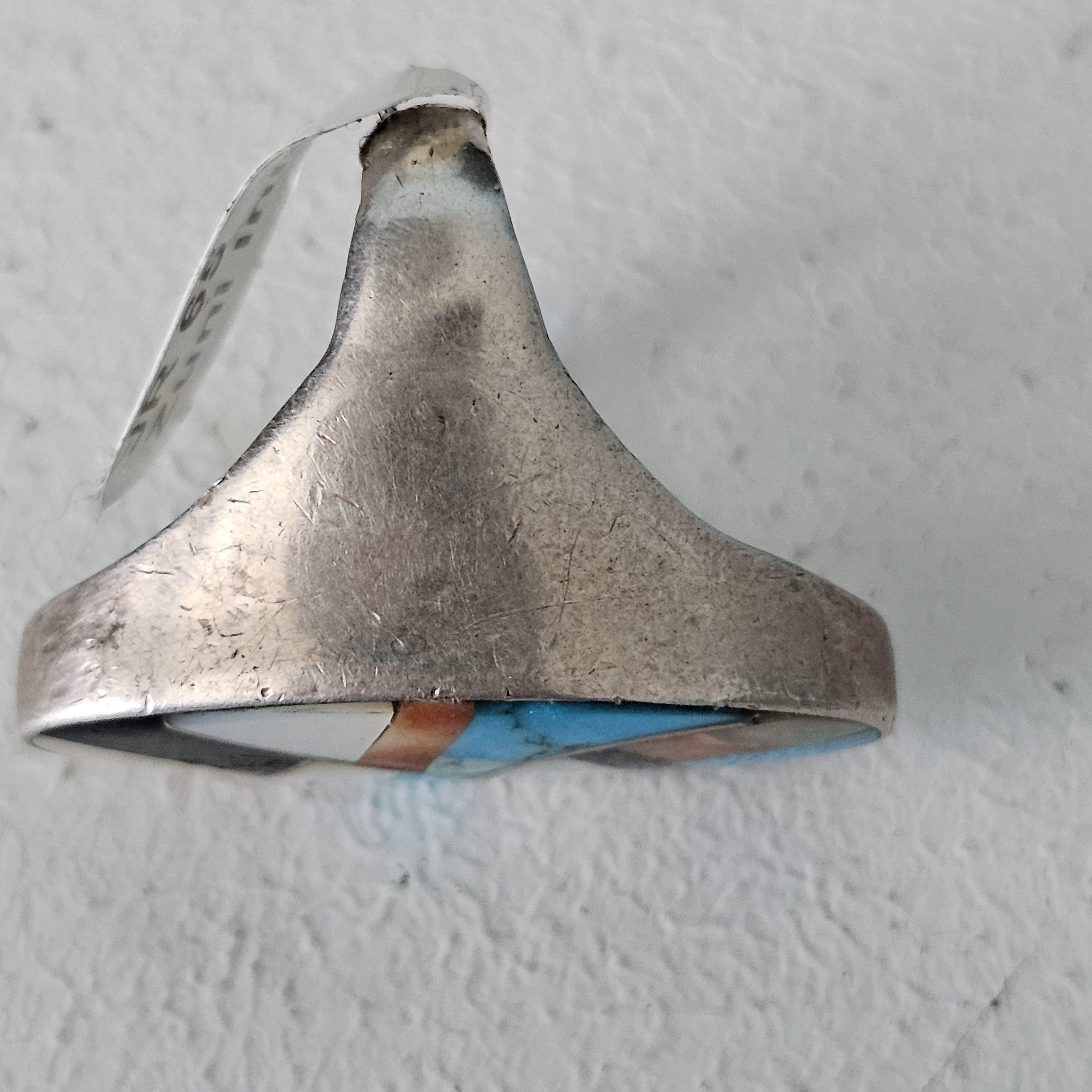 Vintage Zuni Inlay Sterling Silver Ring: Turquoise, Onyx, Mother of Pearl, Size 10
