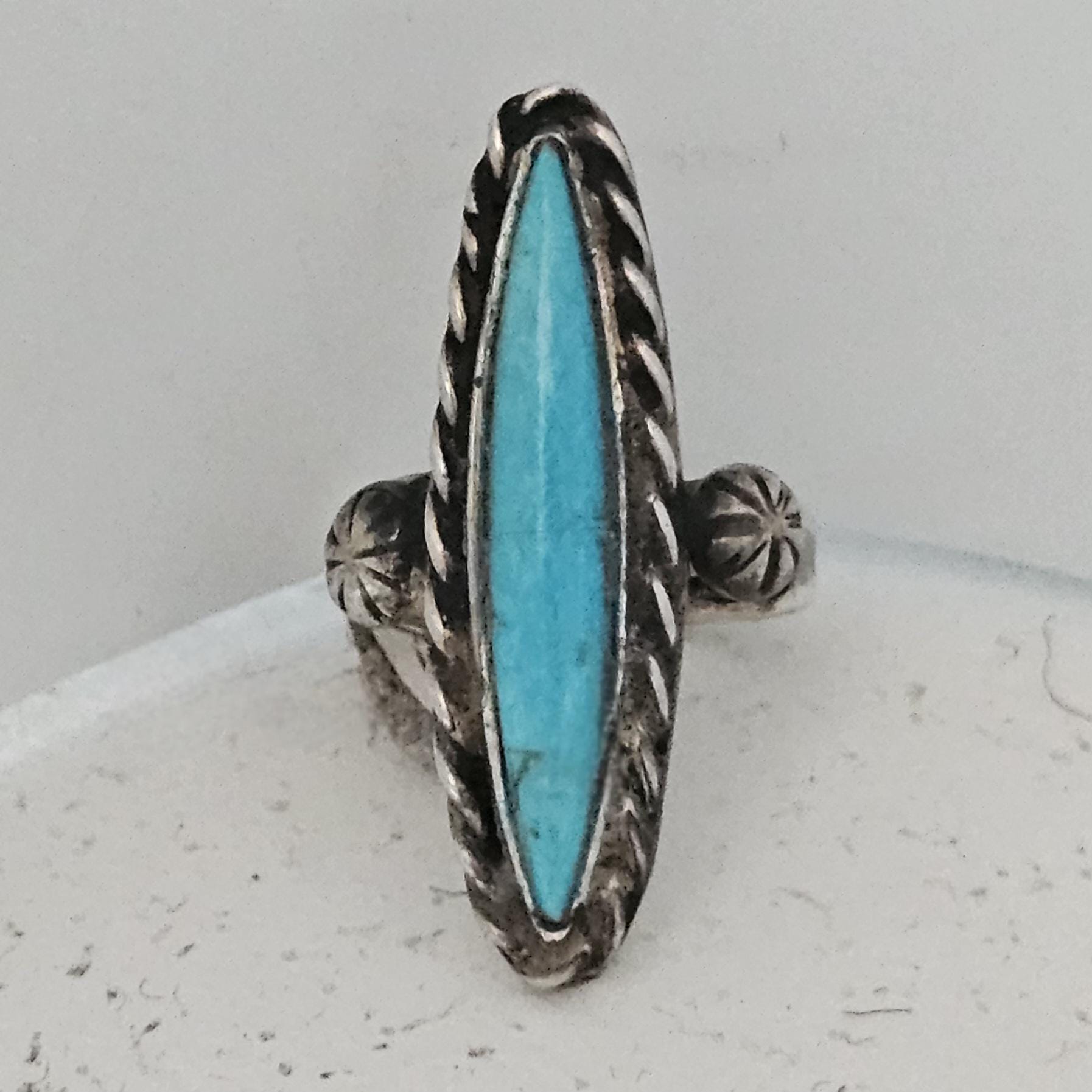 Elegant Long Blue Turquoise Vintage Sterling Band Old Pawn Size 6 1/2 JR 711