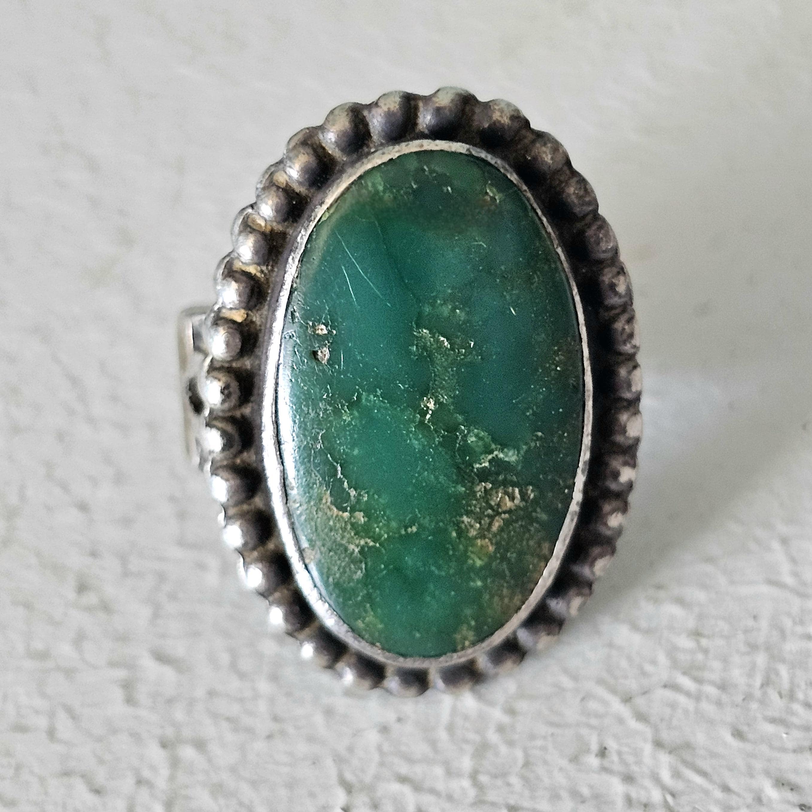 Old Cerillos Oval Green Turquoise Vintage Ring Old Pawn Size 5 JR 282