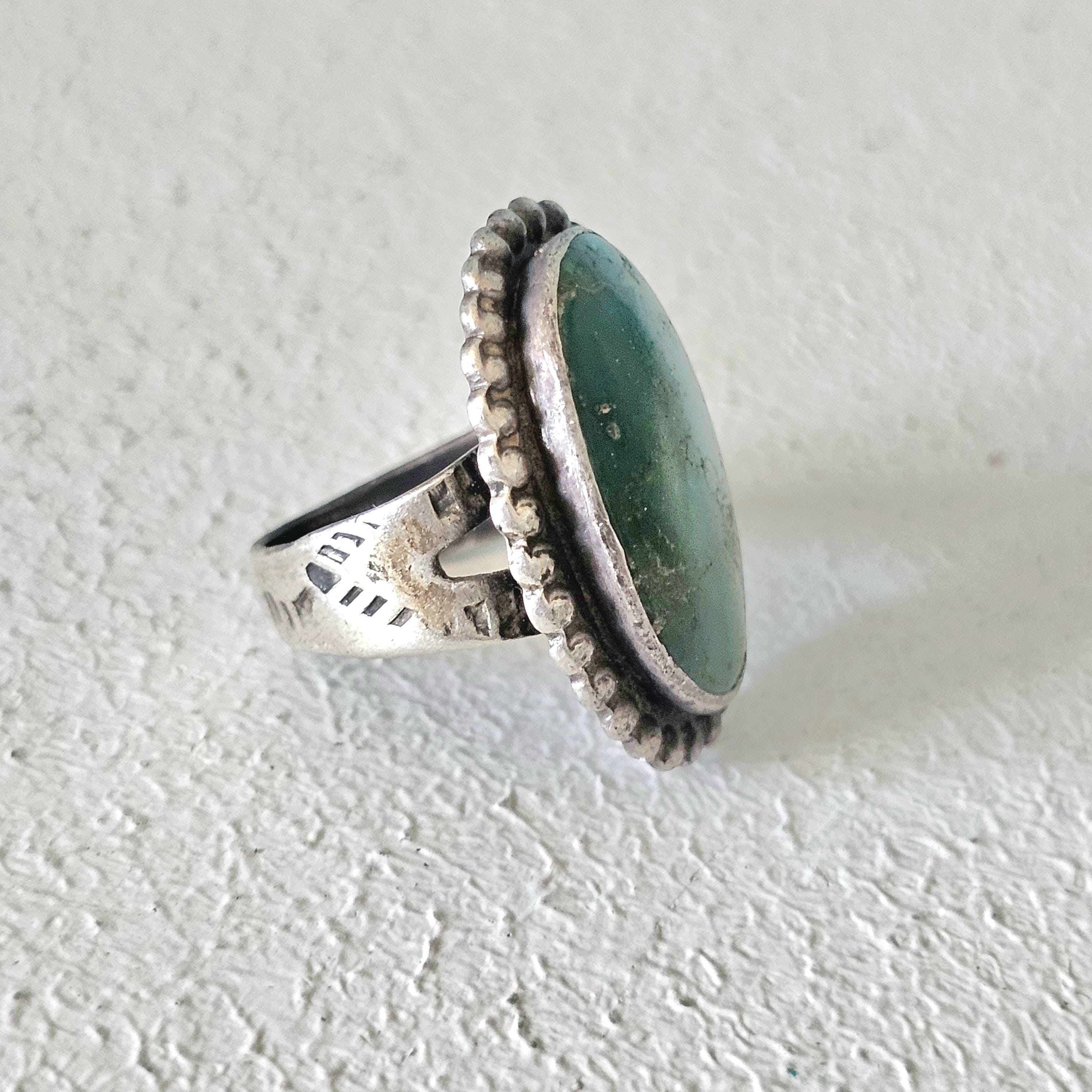 Old Cerillos Oval Green Turquoise Vintage Ring Old Pawn Size 5 JR 282