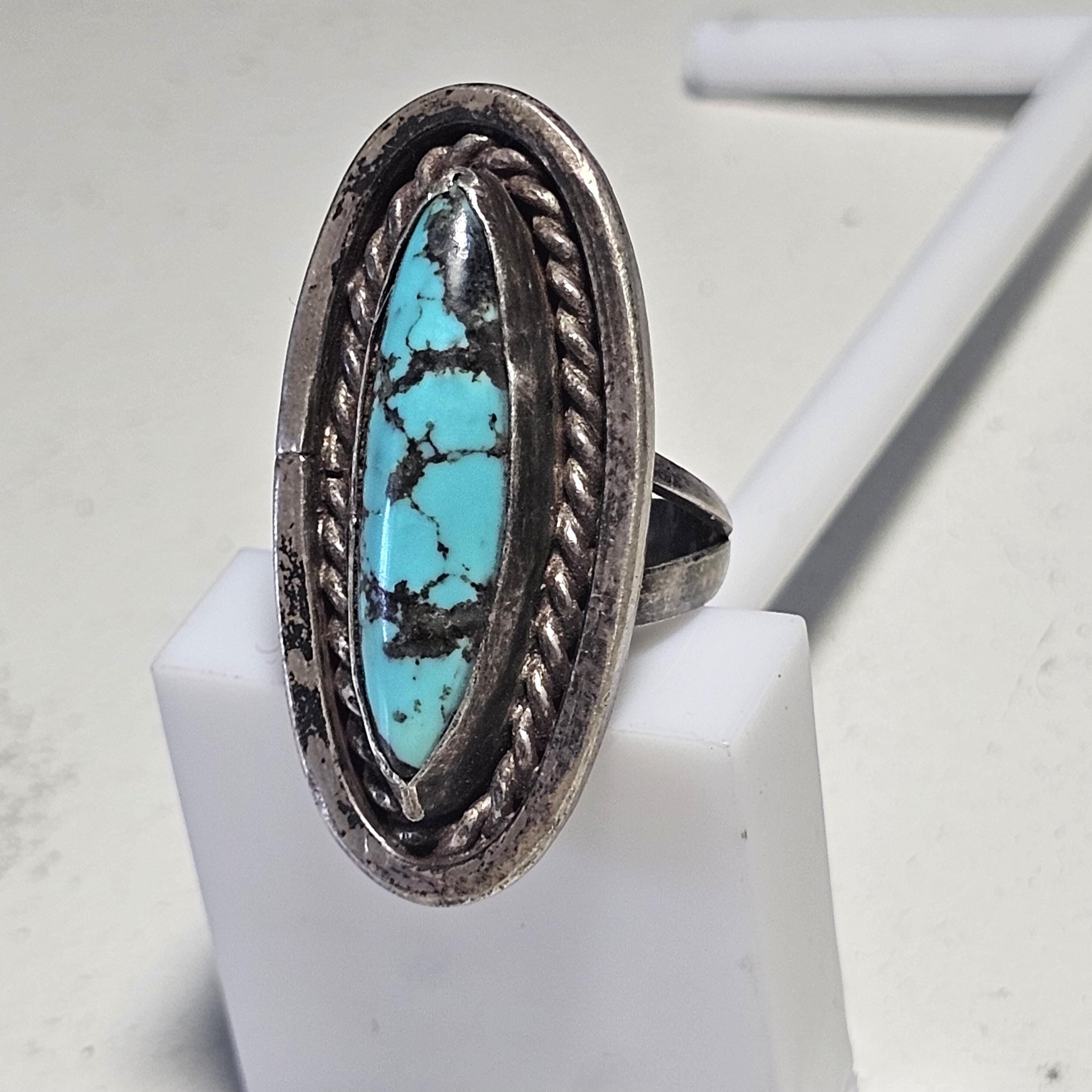Dramatic Long Blue Turquoise Vintage Sterling Ring Old Pawn Size 6  JR 61