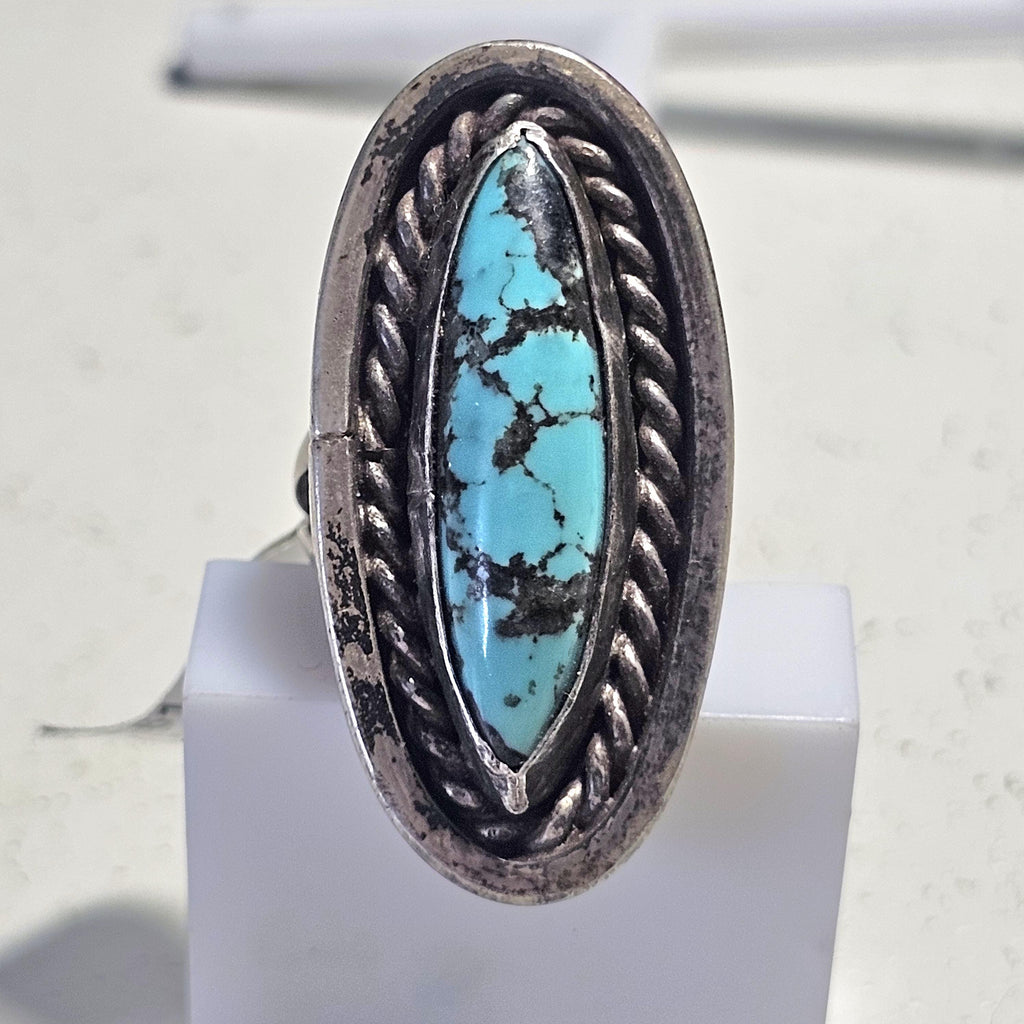 Dramatic Long Blue Turquoise Vintage Sterling Ring Old Pawn Size 6  JR 61