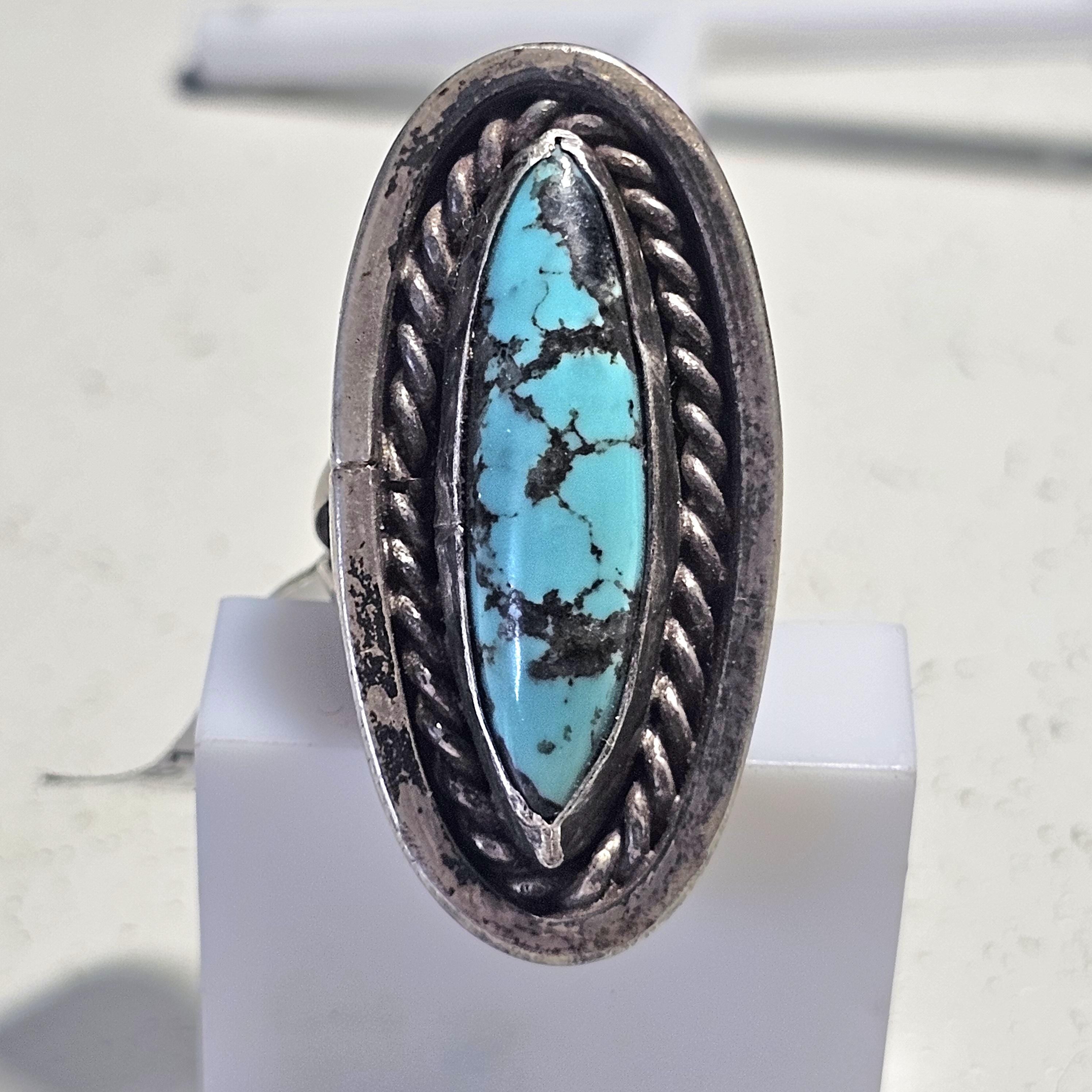 Dramatic Long Blue Turquoise Vintage Sterling Ring Old Pawn Size 6  JR 61