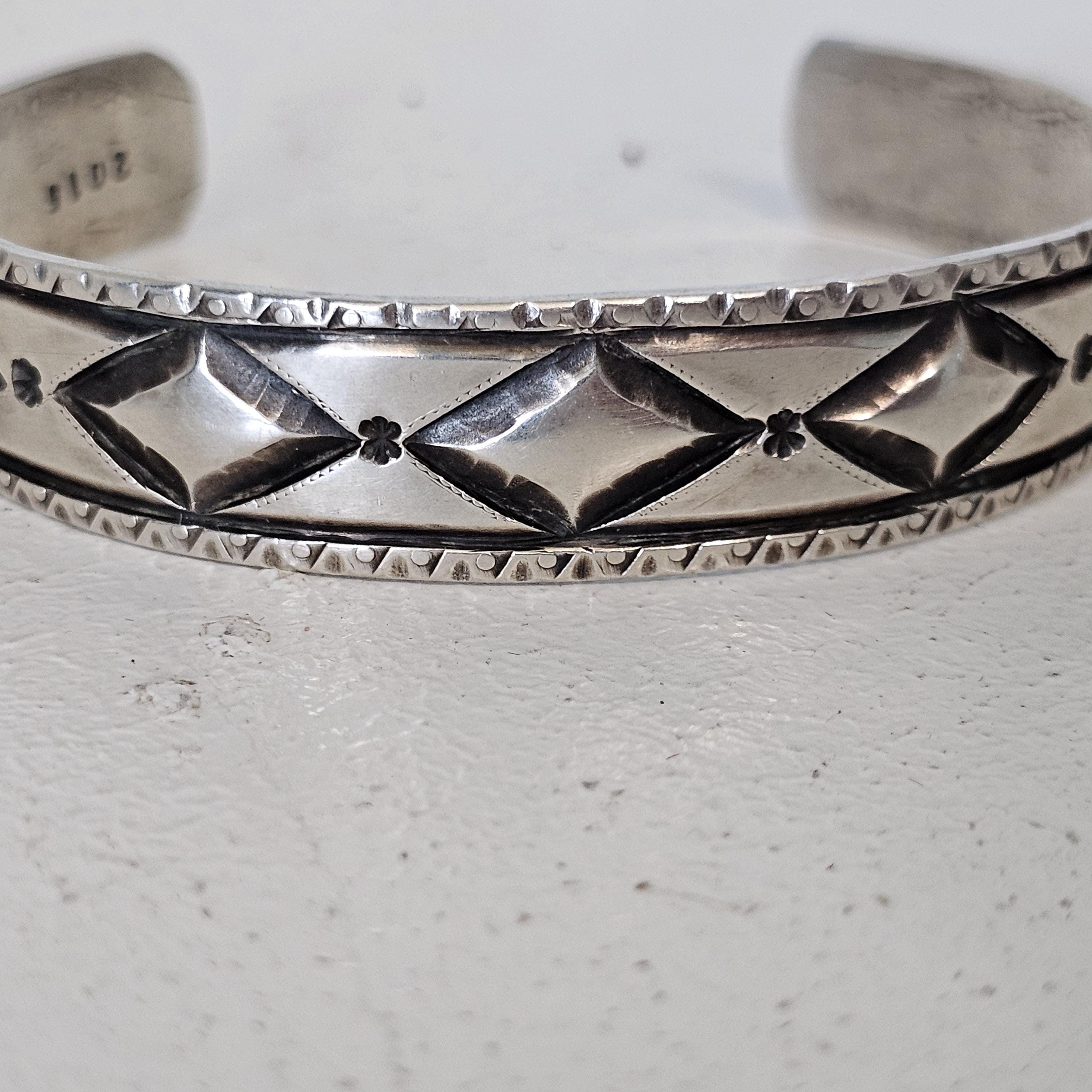 Narrow Punchwork Decorated Vintage Larger Cuff Native Sterling Old Pawn fits 7 1/4" wrist JB 124