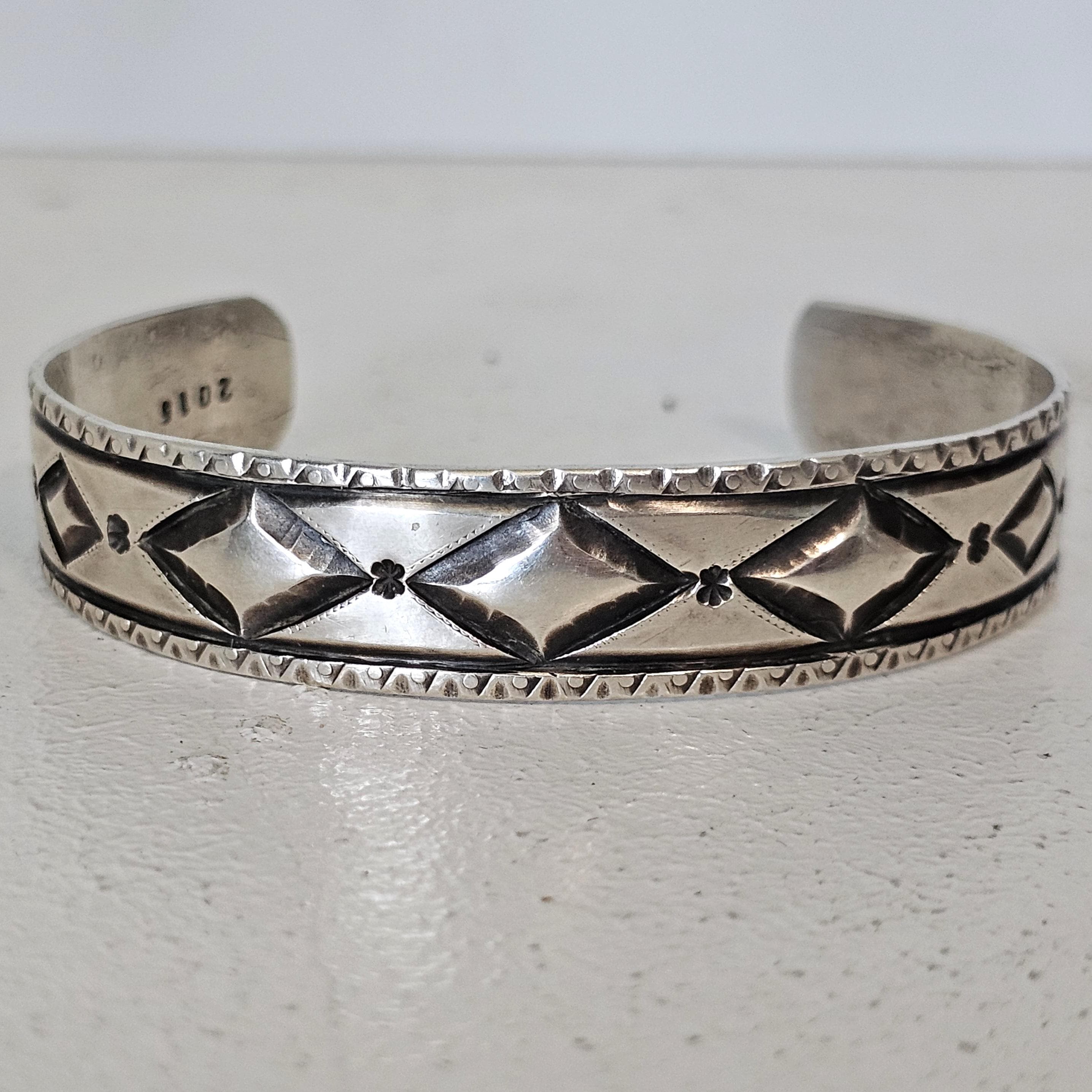 Narrow Punchwork Decorated Vintage Larger Cuff Native Sterling Old Pawn fits 7 1/4" wrist JB 124