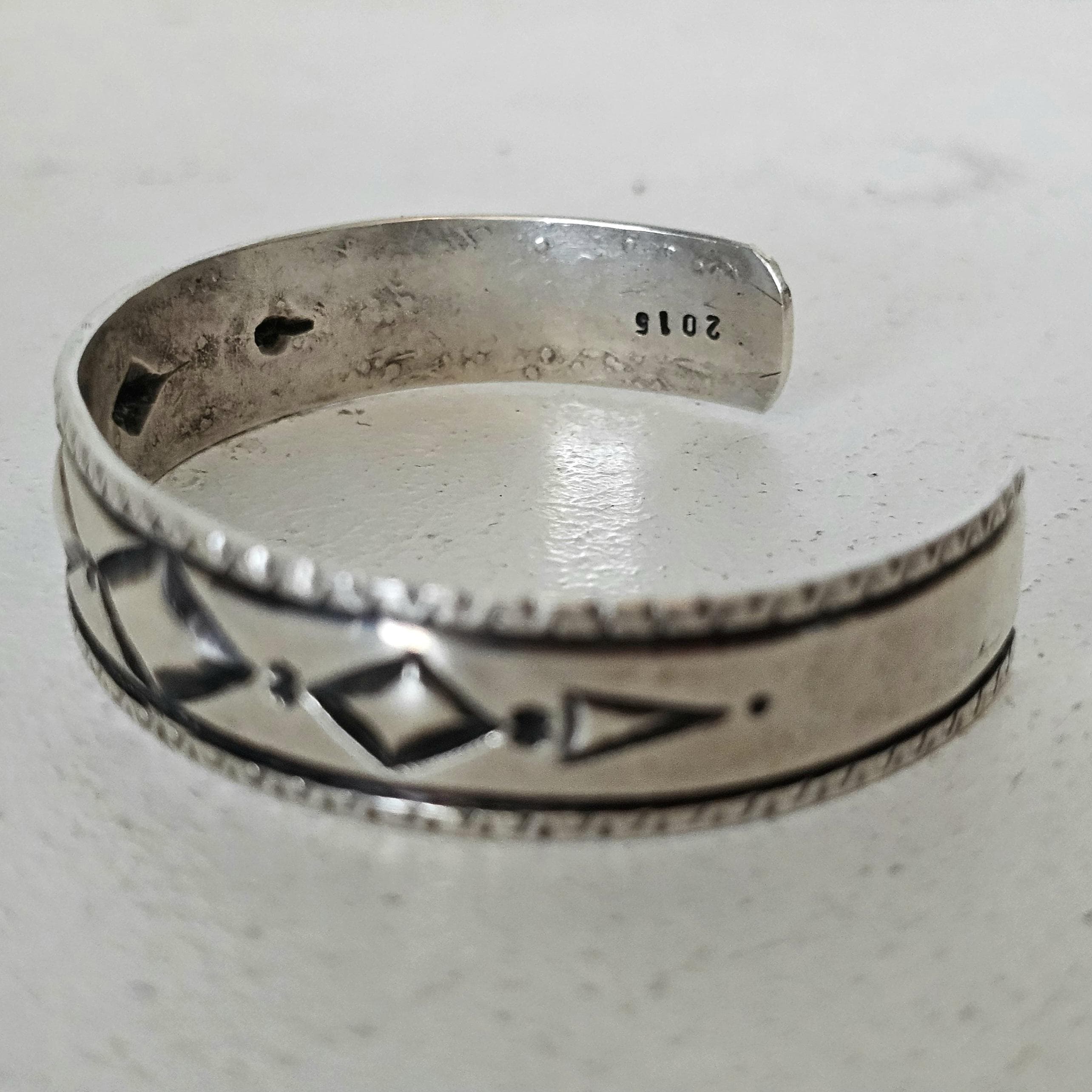 Narrow Punchwork Decorated Vintage Larger Cuff Native Sterling Old Pawn fits 7 1/4" wrist JB 124