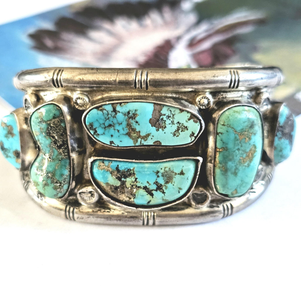 Chunky Vintage Turquoise Cuff Bracelet, Native American Sterling Silver (7.25" wrist) JB 98