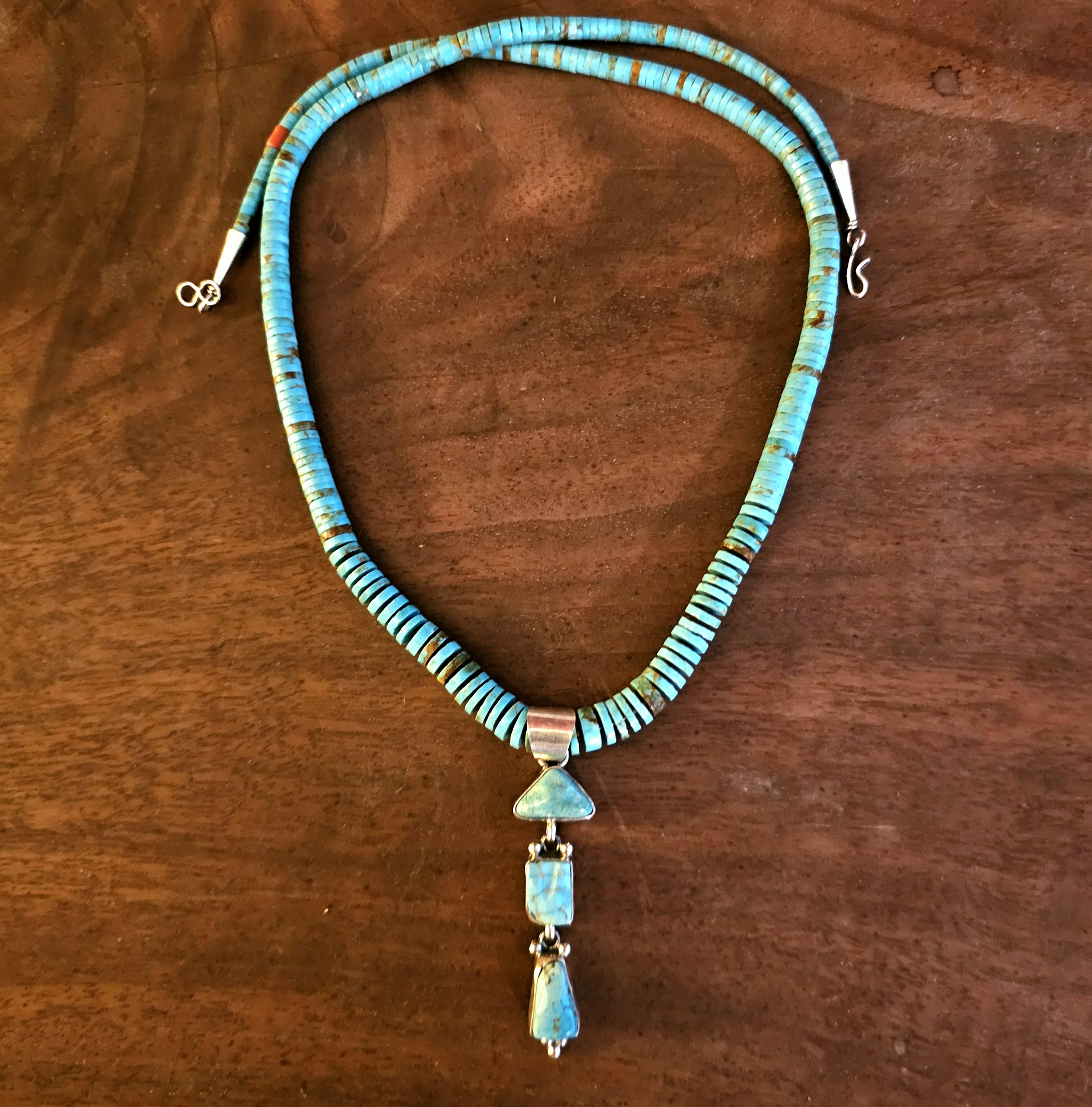 Vintage Pueblo Heishi Turquoise with Dangle Necklace Old Pawn Sterling. C1950s JN 729