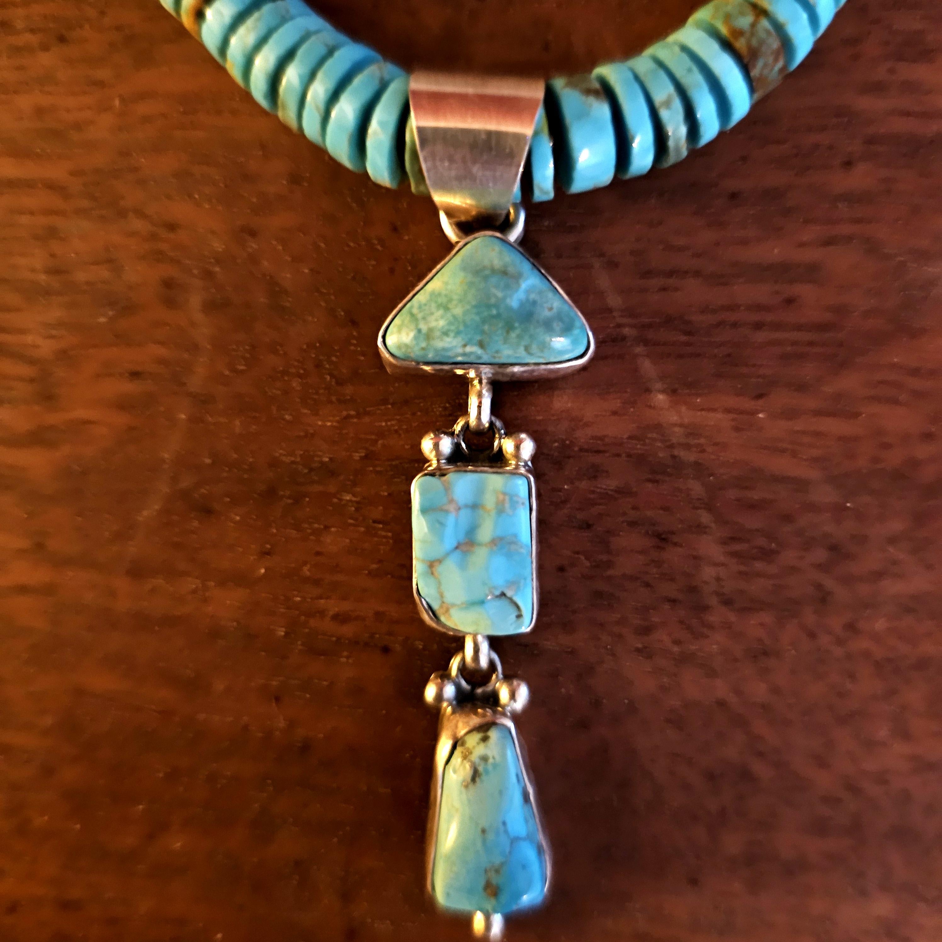 Vintage Pueblo Heishi Turquoise with Dangle Necklace Old Pawn Sterling. C1950s JN 729