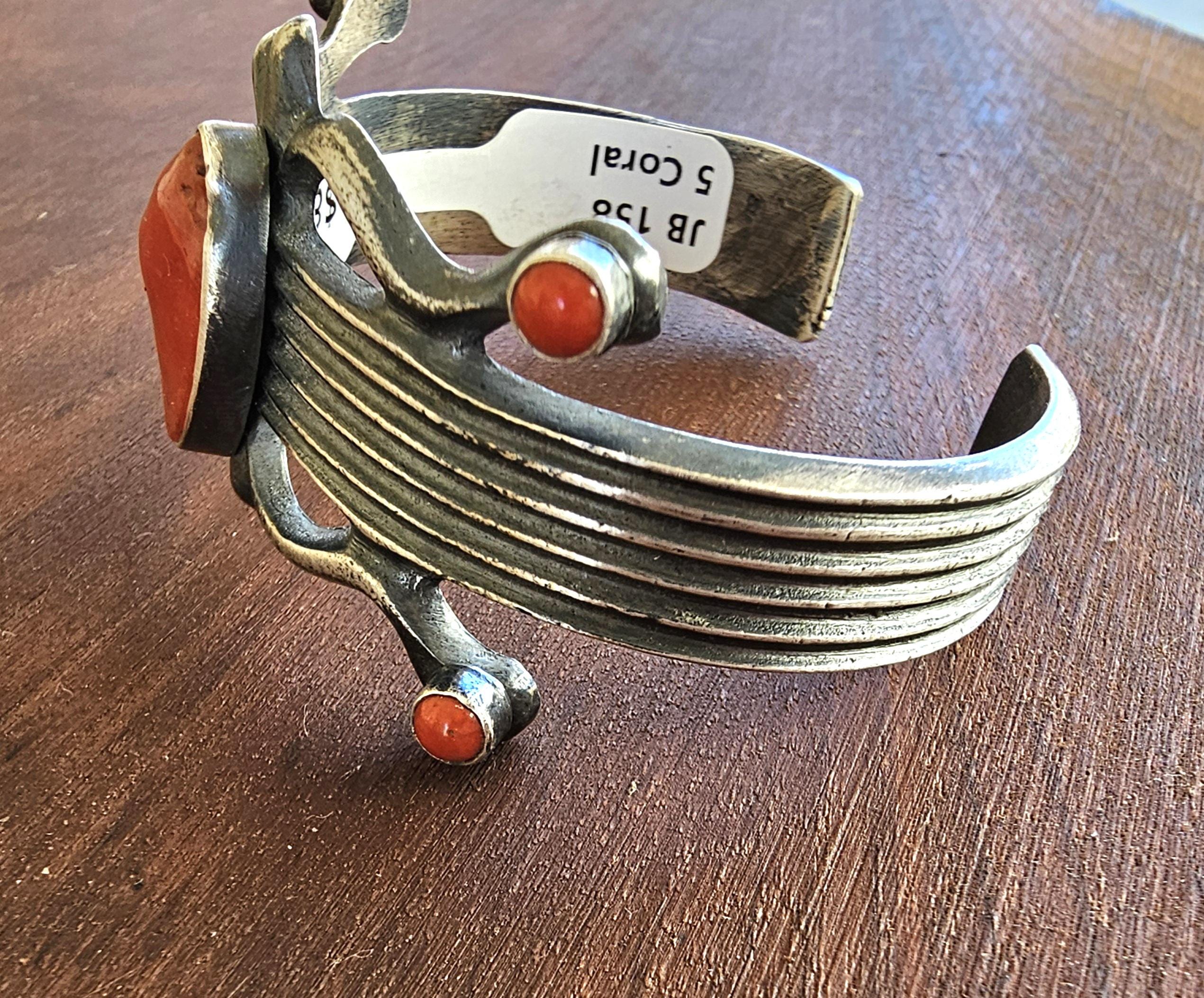 Vintage Navajo Sterling Cast Silver Coral Cuff Bracelet, Signed 6 3/4" wrist JB 158