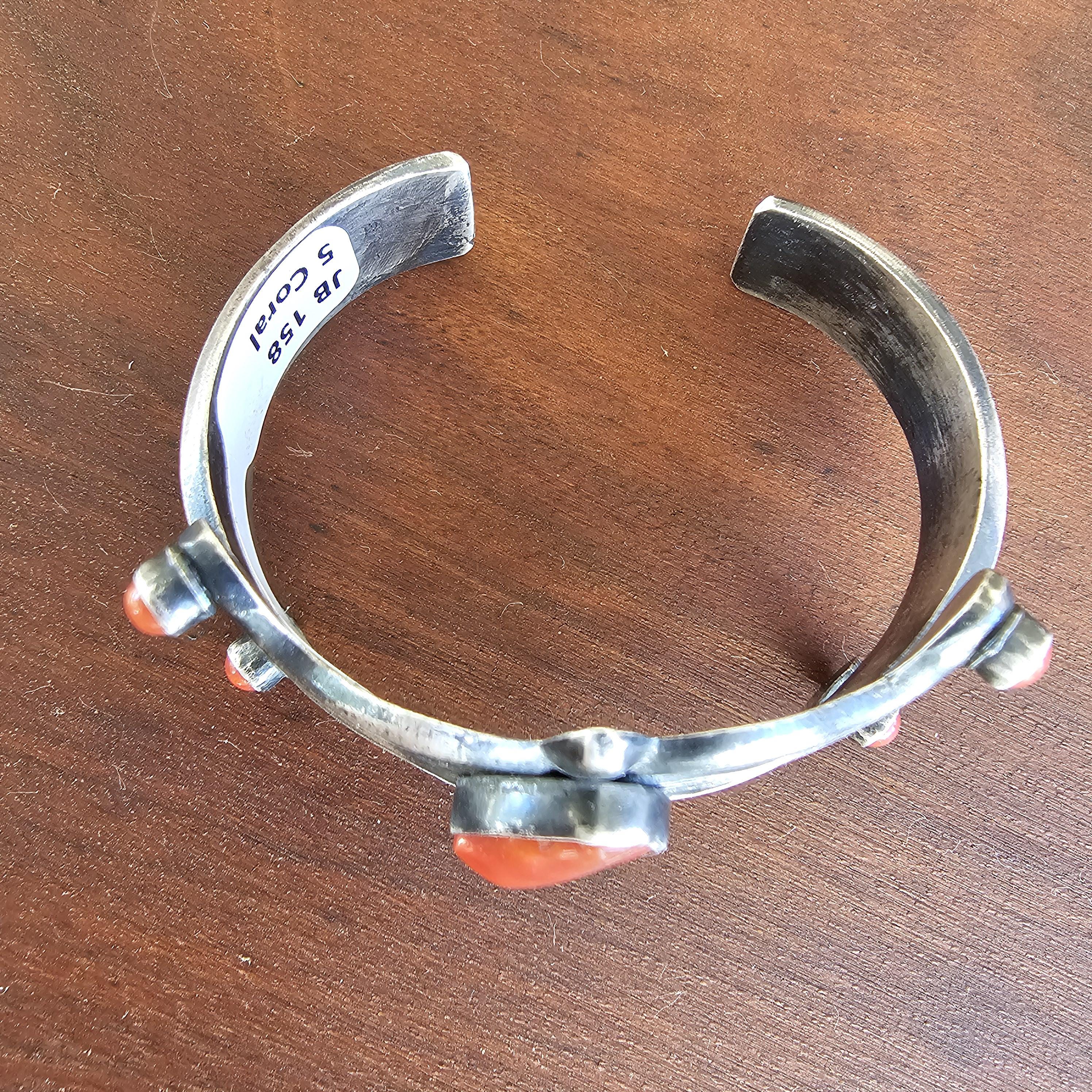 Vintage Navajo Sterling Cast Silver Coral Cuff Bracelet, Signed 6 3/4" wrist JB 158
