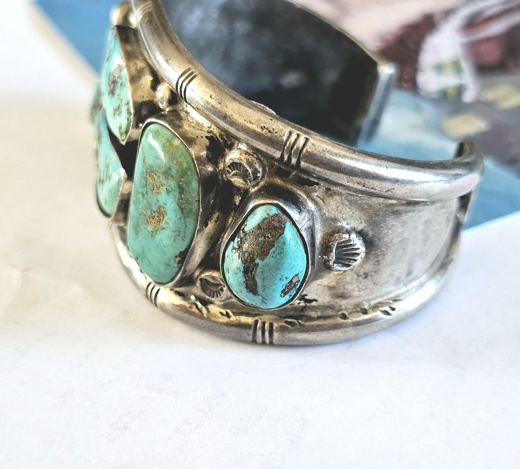 Chunky Vintage Turquoise Cuff Bracelet, Native American Sterling Silver (7.25" wrist) JB 98