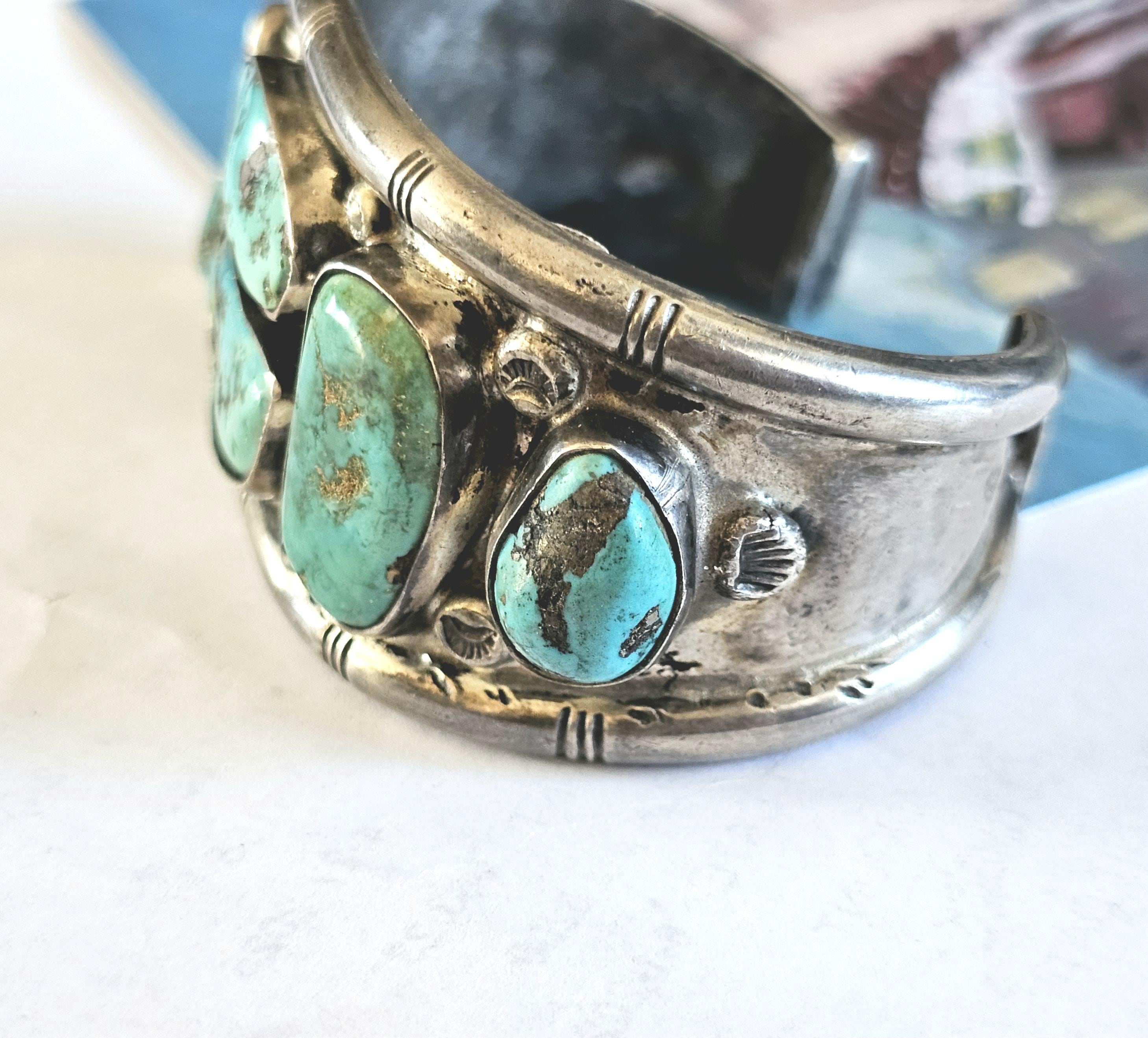 Chunky Vintage Turquoise Cuff Bracelet, Native American Sterling Silver (7.25" wrist) JB 98