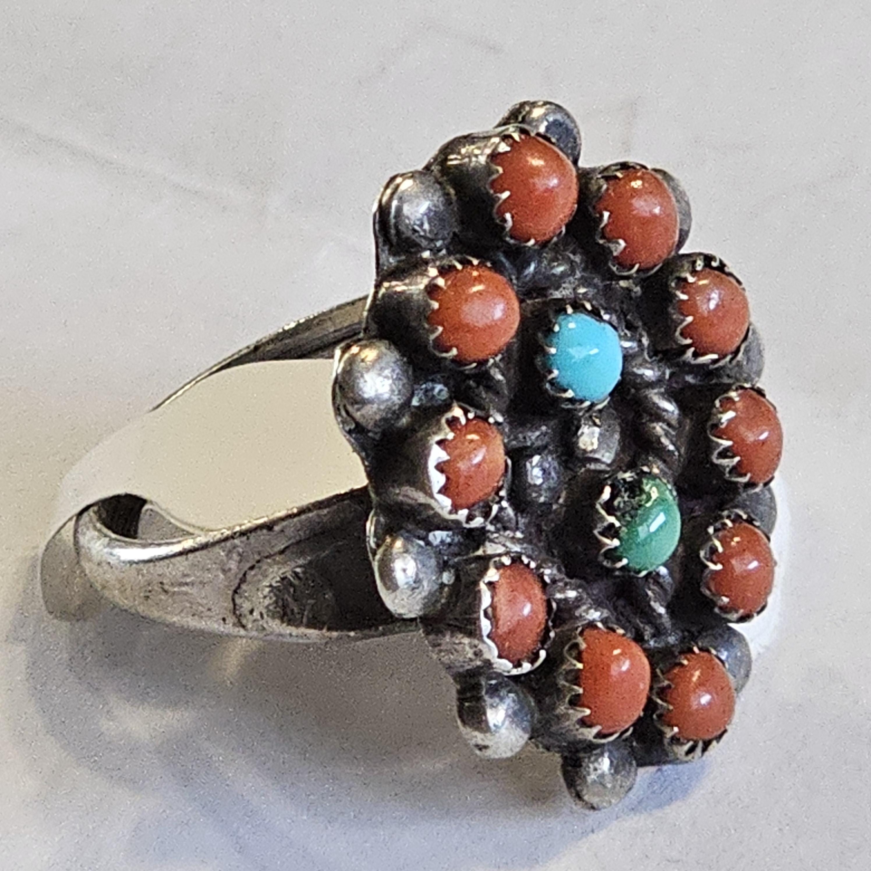 1940s Zuni Snakeye Coral and Turquoise Silver Ring Vintage Sterling Size 6 1/2 JR 345