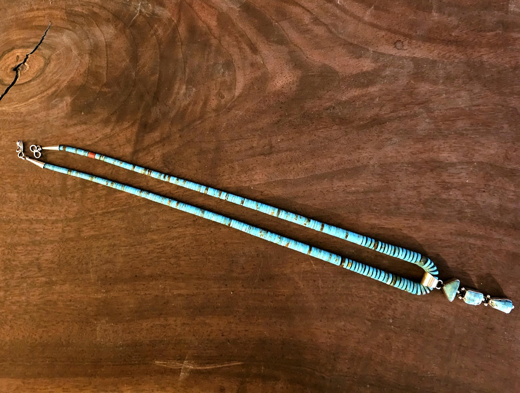 Vintage Pueblo Heishi Turquoise with Dangle Necklace Old Pawn Sterling. C1950s JN 729
