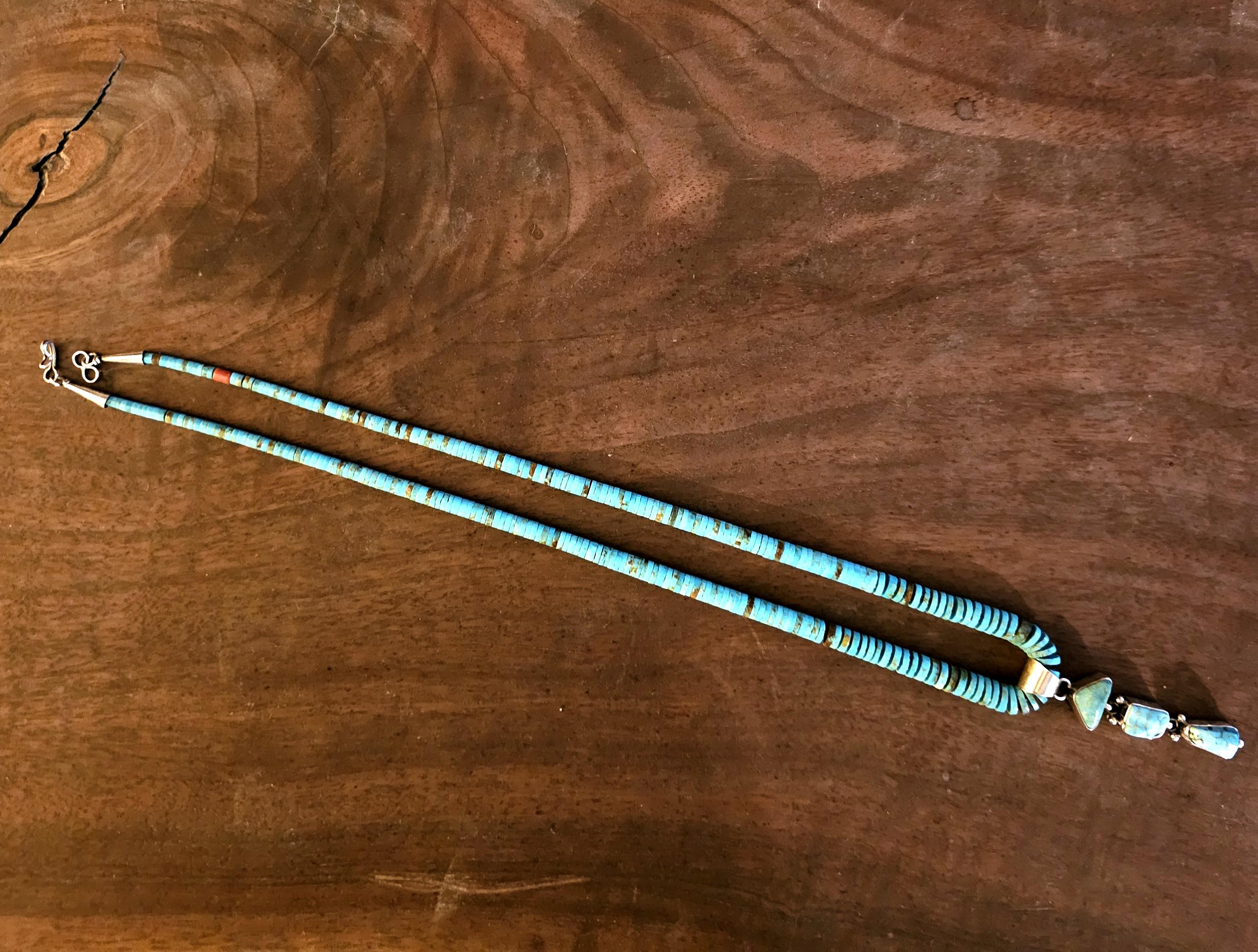 Vintage Pueblo Heishi Turquoise with Dangle Necklace Old Pawn Sterling. C1950s JN 729