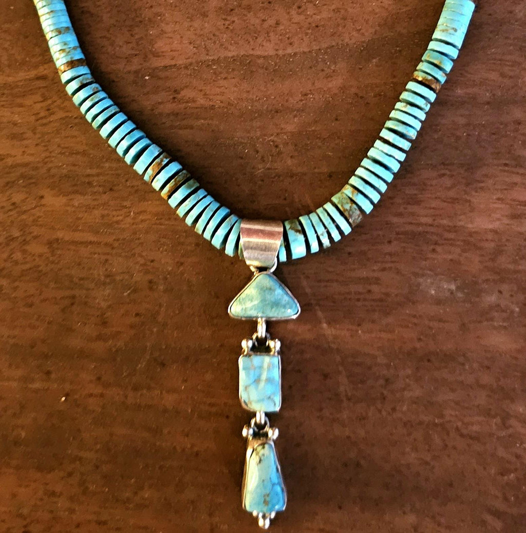 Vintage Pueblo Heishi Turquoise with Dangle Necklace Old Pawn Sterling. C1950s JN 729