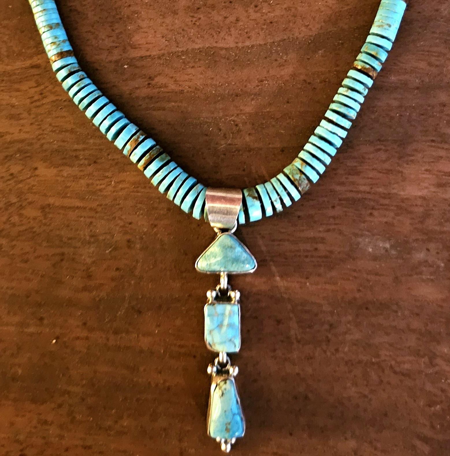 Vintage Pueblo Heishi Turquoise with Dangle Necklace Old Pawn Sterling. C1950s JN 729