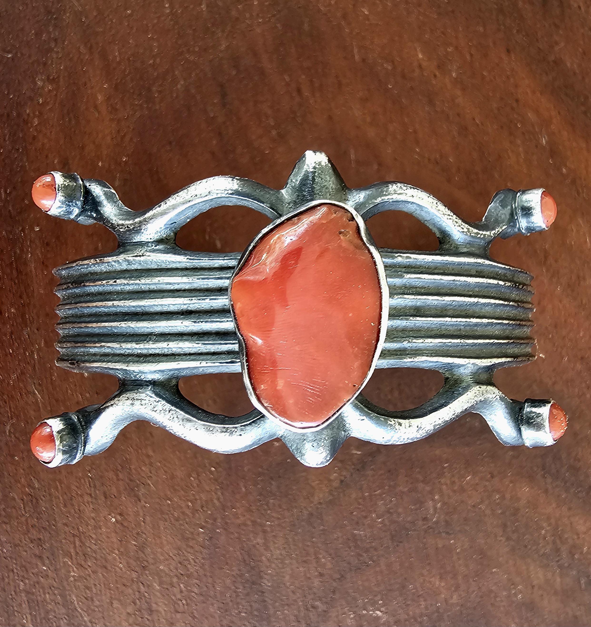 Vintage Navajo Sterling Cast Silver Coral Cuff Bracelet, Signed 6 3/4" wrist JB 158