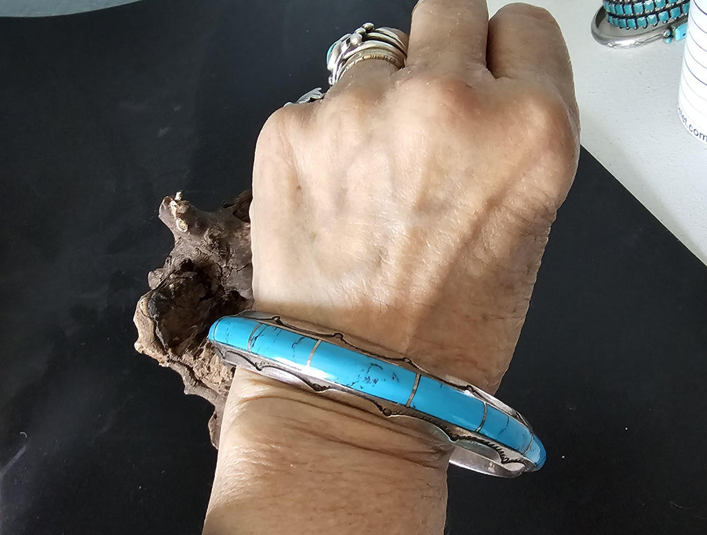 Vintage Sterling Silver Turquoise Cuff Bracelet: Native American Old Pawn, 9"  JB 175