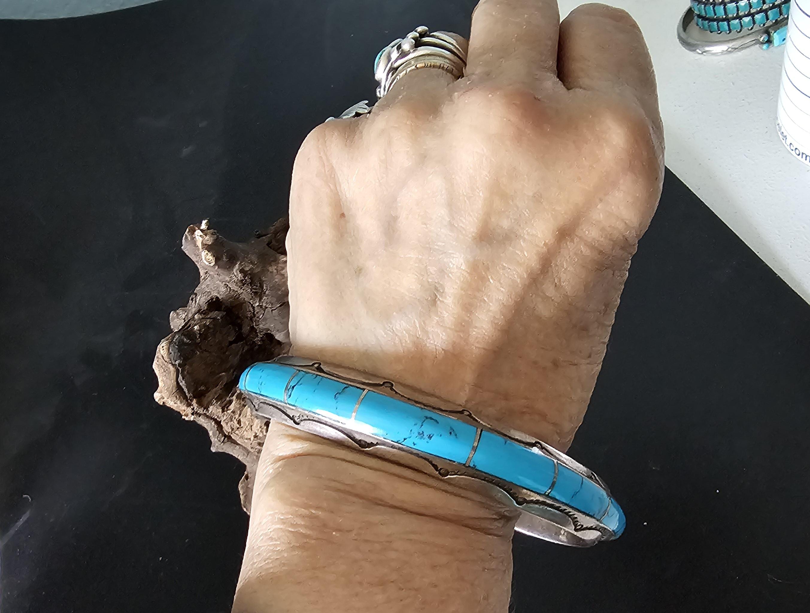 Vintage Sterling Silver Turquoise Cuff Bracelet: Native American Old Pawn, 9"  JB 175