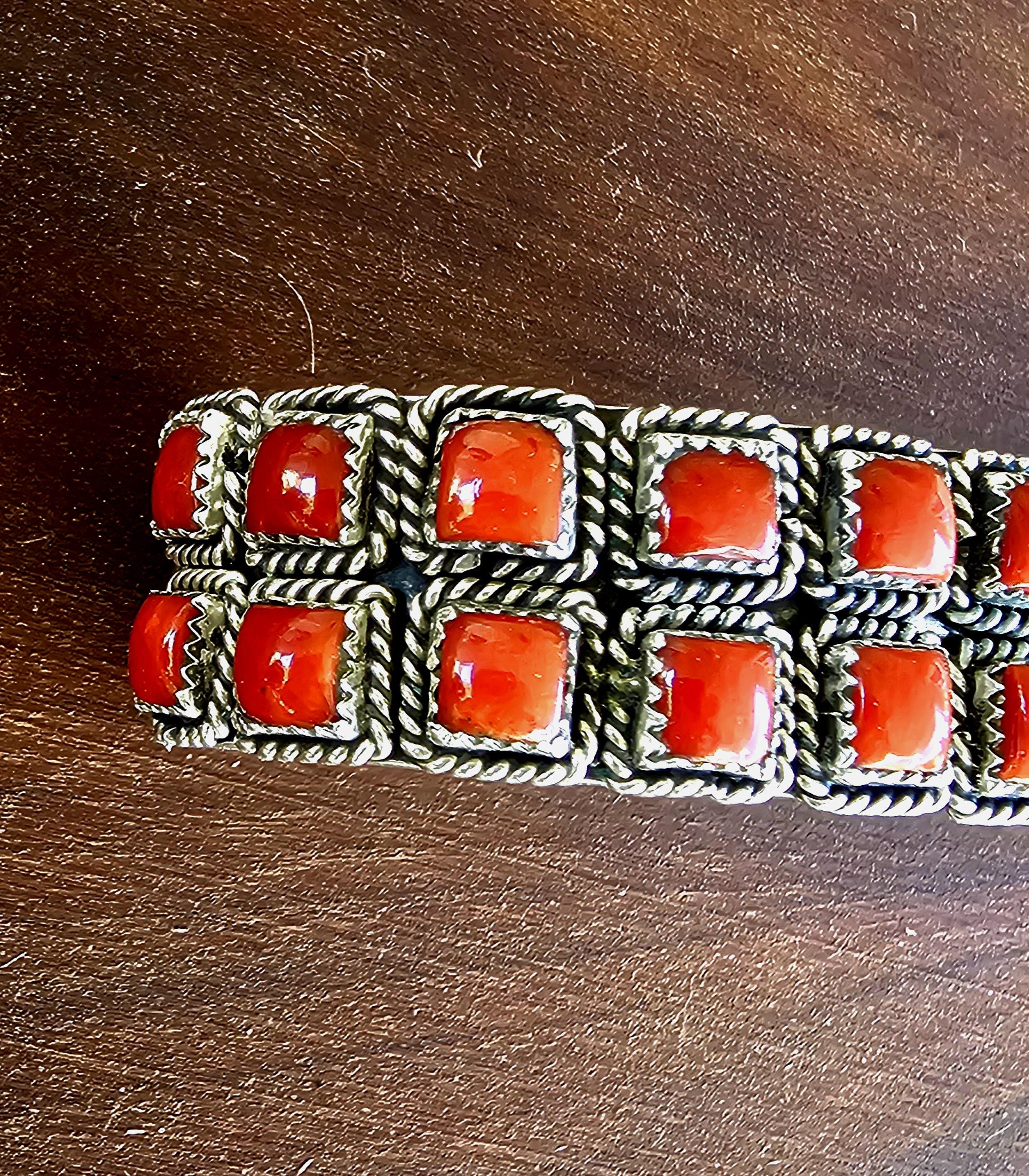 Brilliant Coral Zuni Vintage Native Cuff Old Pawn. 6 3/4" wrist JB 168