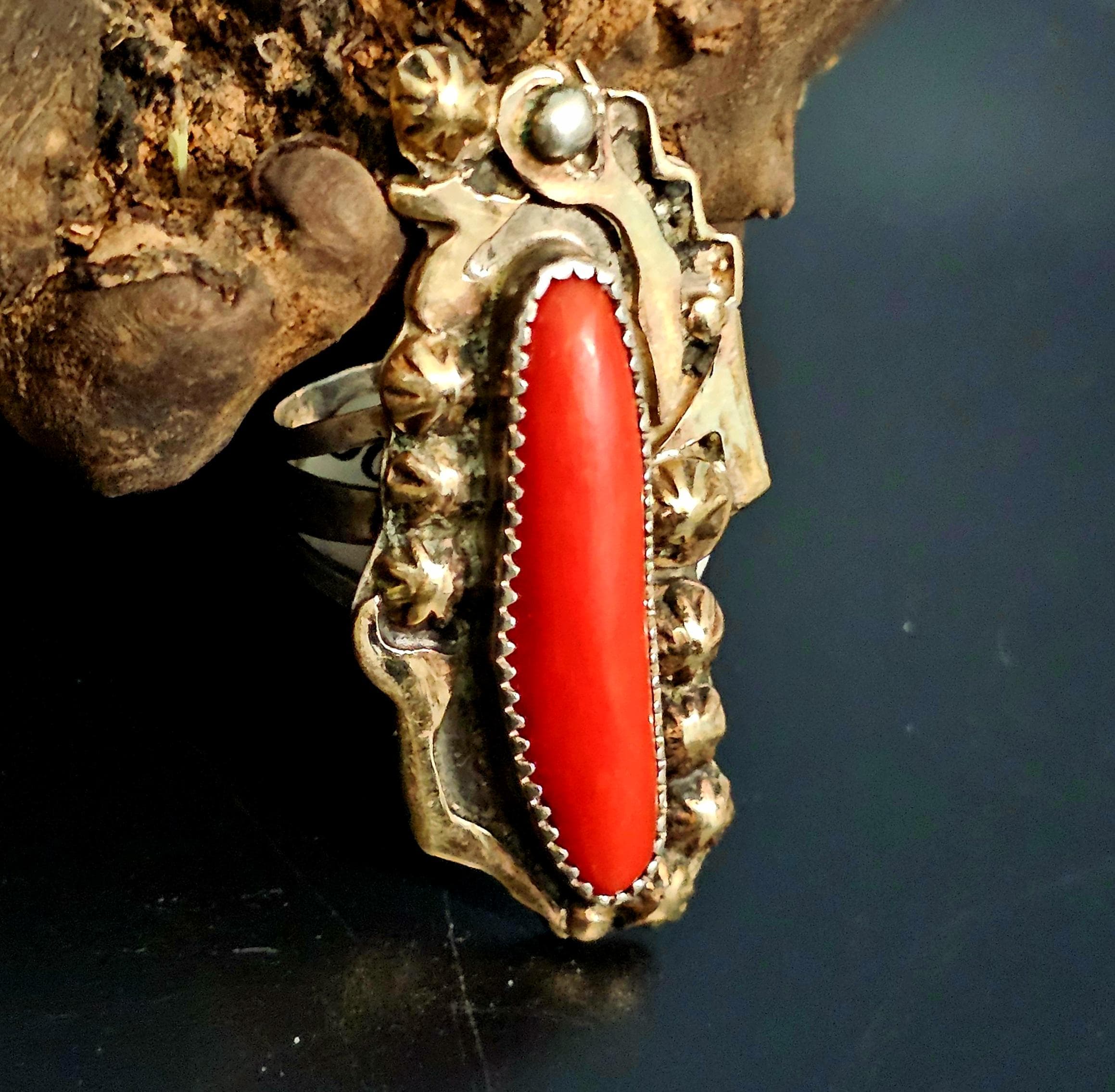 Vintage 14K & Sterling Coral Ring Carlos White Eagle, Size 7 3/4 JR 870