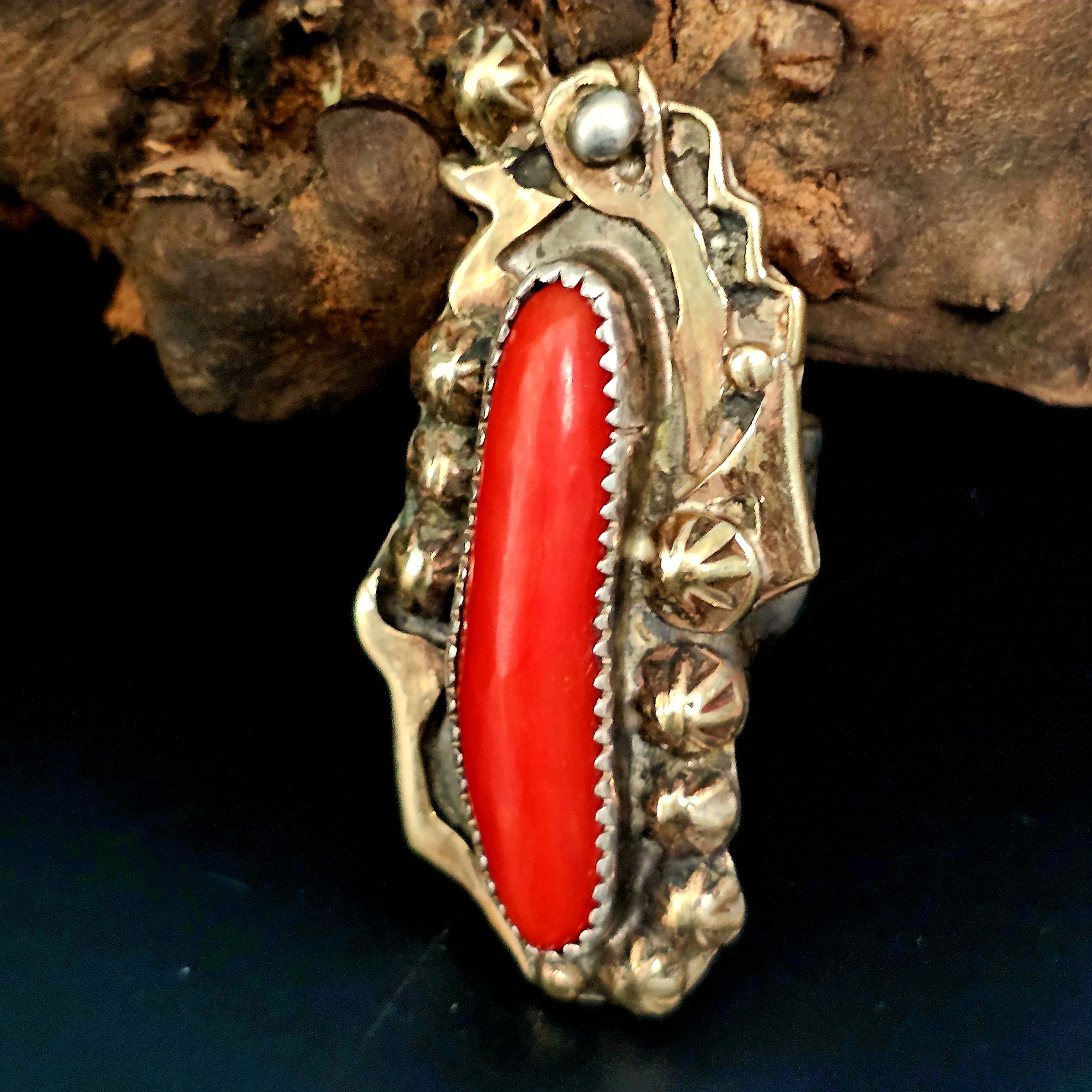 Vintage 14K & Sterling Coral Ring Carlos White Eagle, Size 7 3/4 JR 870