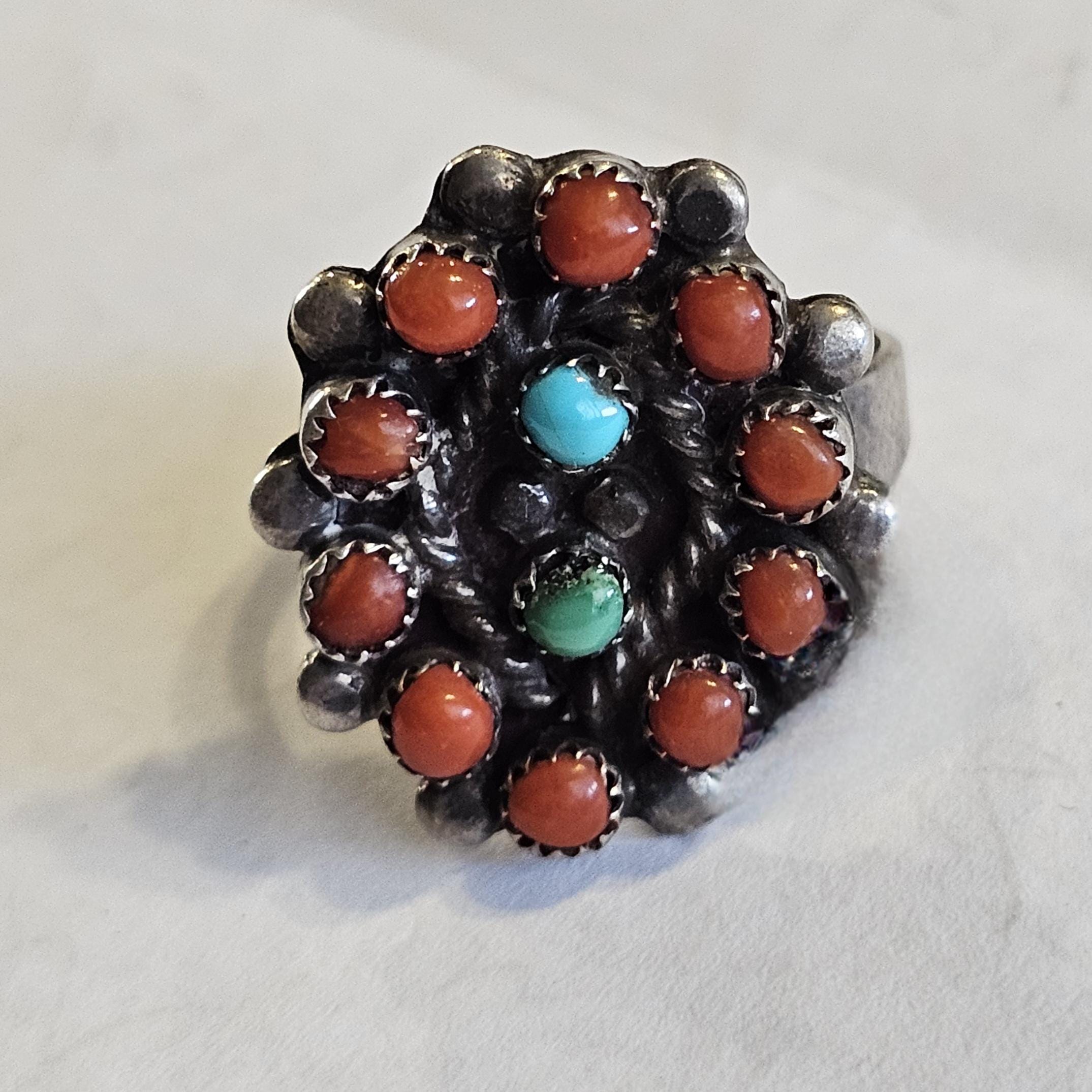1940s Zuni Snakeye Coral and Turquoise Silver Ring Vintage Sterling Size 6 1/2 JR 345