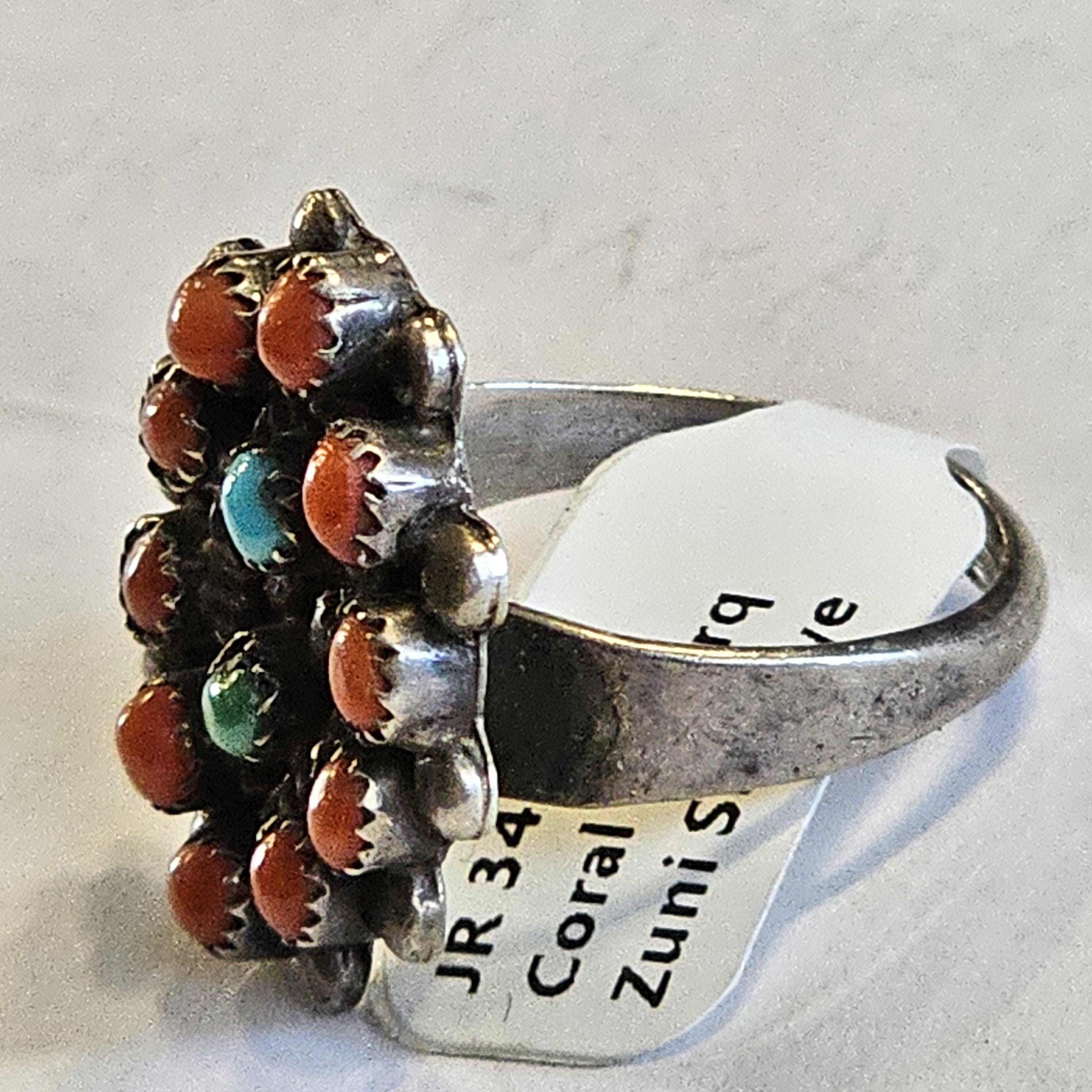 1940s Zuni Snakeye Coral and Turquoise Silver Ring Vintage Sterling Size 6 1/2 JR 345