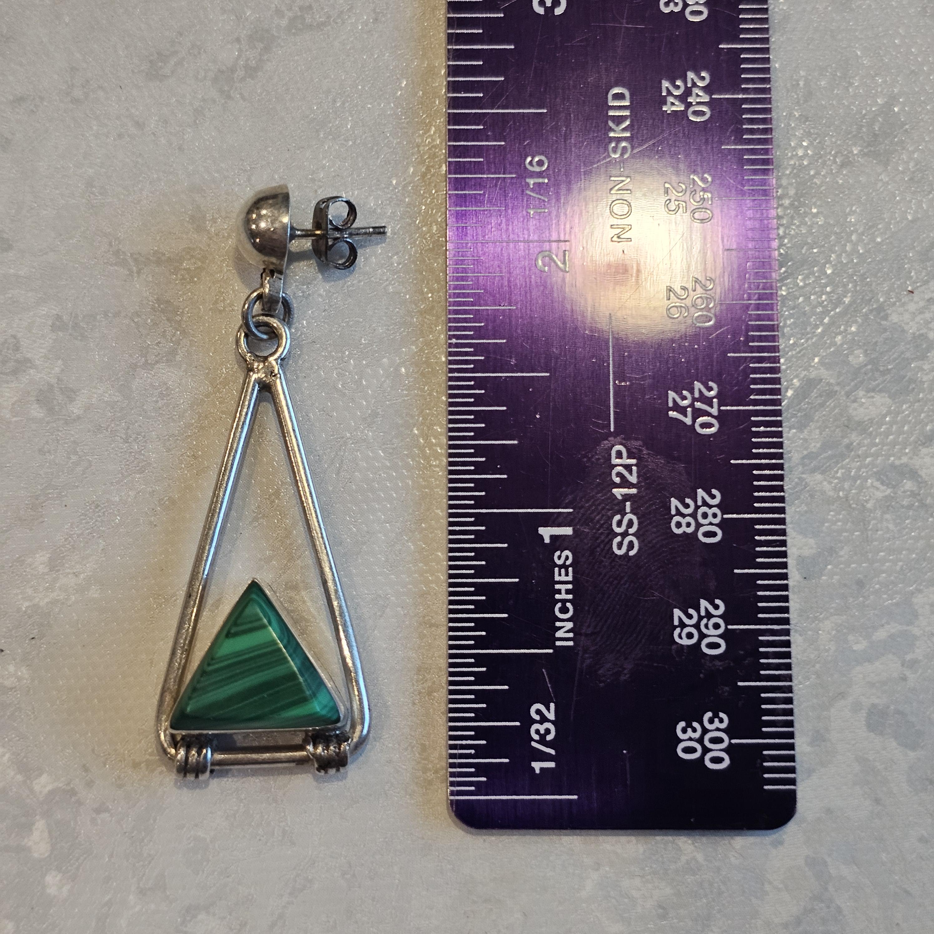 Malachite Triangles 2 1/2" Dangle Silver Vintage Native Earrings Old Pawn JE 598