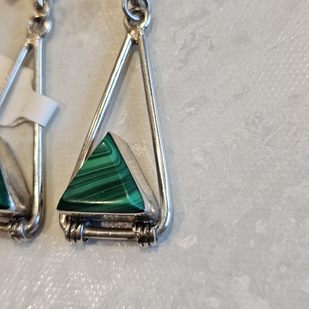 Malachite Triangles 2 1/2" Dangle Silver Vintage Native Earrings Old Pawn JE 598