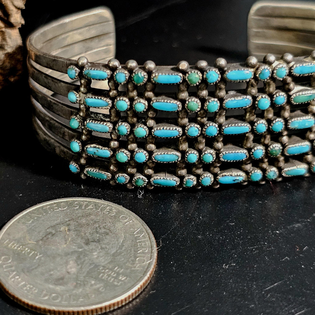 1940s Zuni Turquoise Sterling Silver Dot Dash Cuff 6"