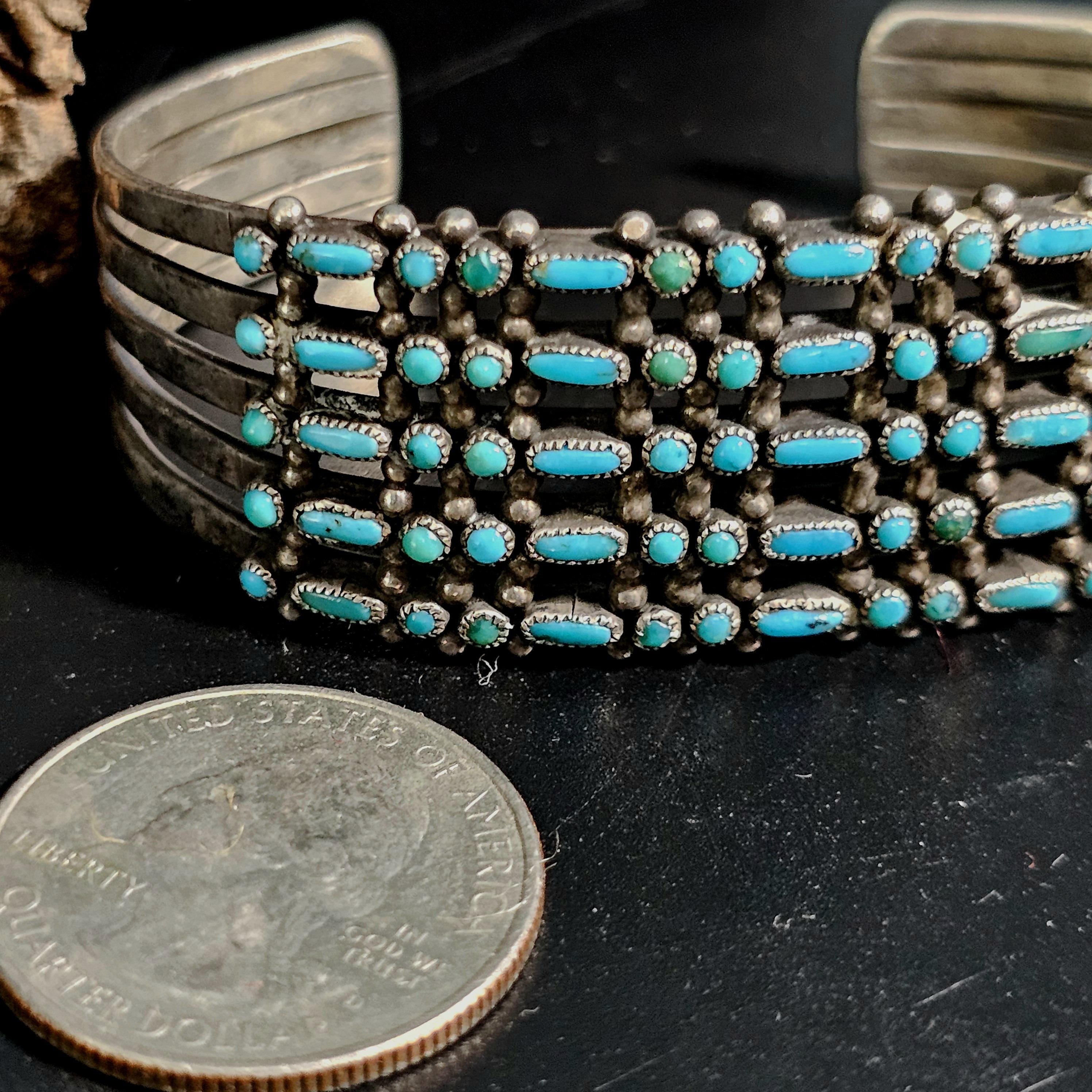 1940s Zuni Turquoise Sterling Silver Dot Dash Cuff 6"