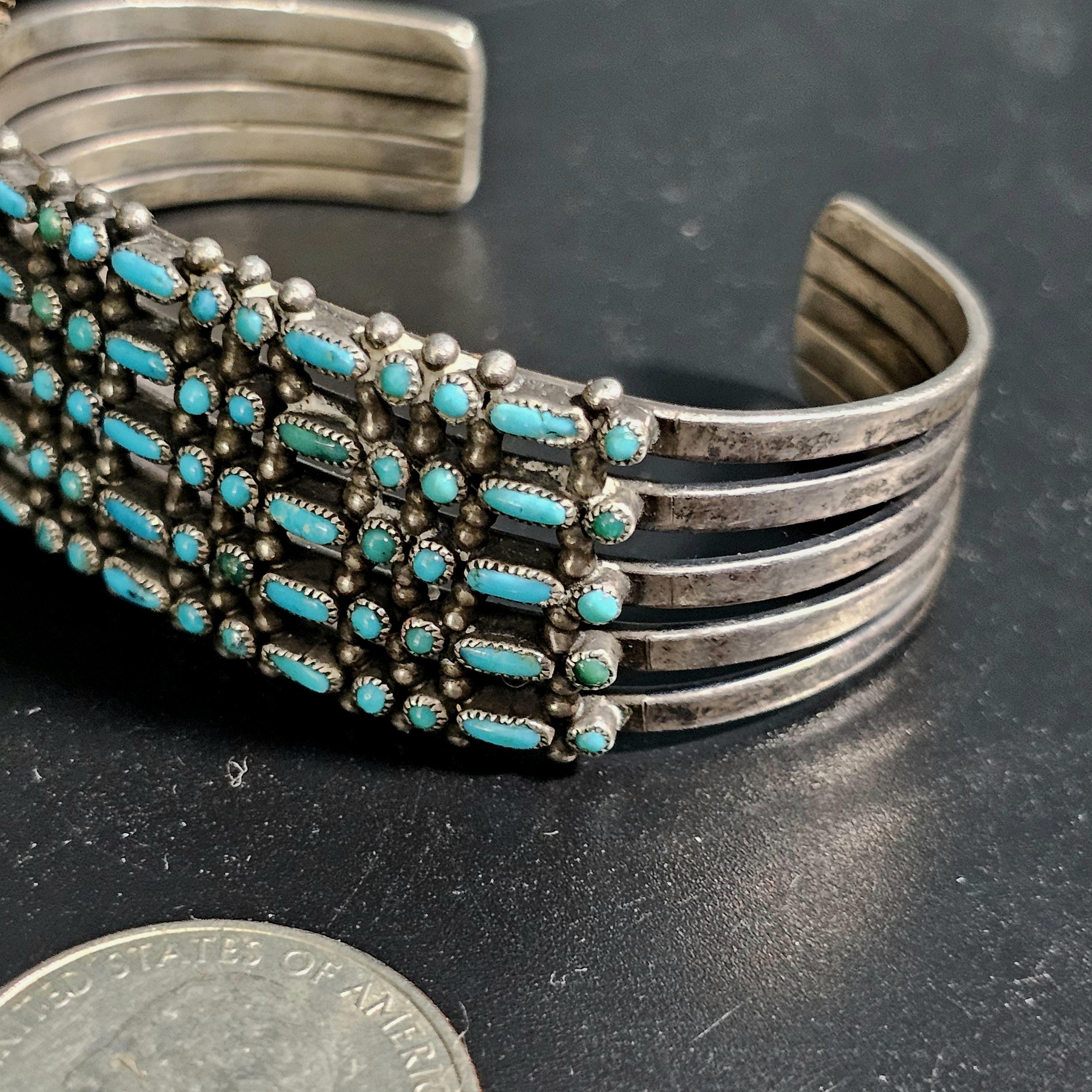 1940s Zuni Turquoise Sterling Silver Dot Dash Cuff 6"