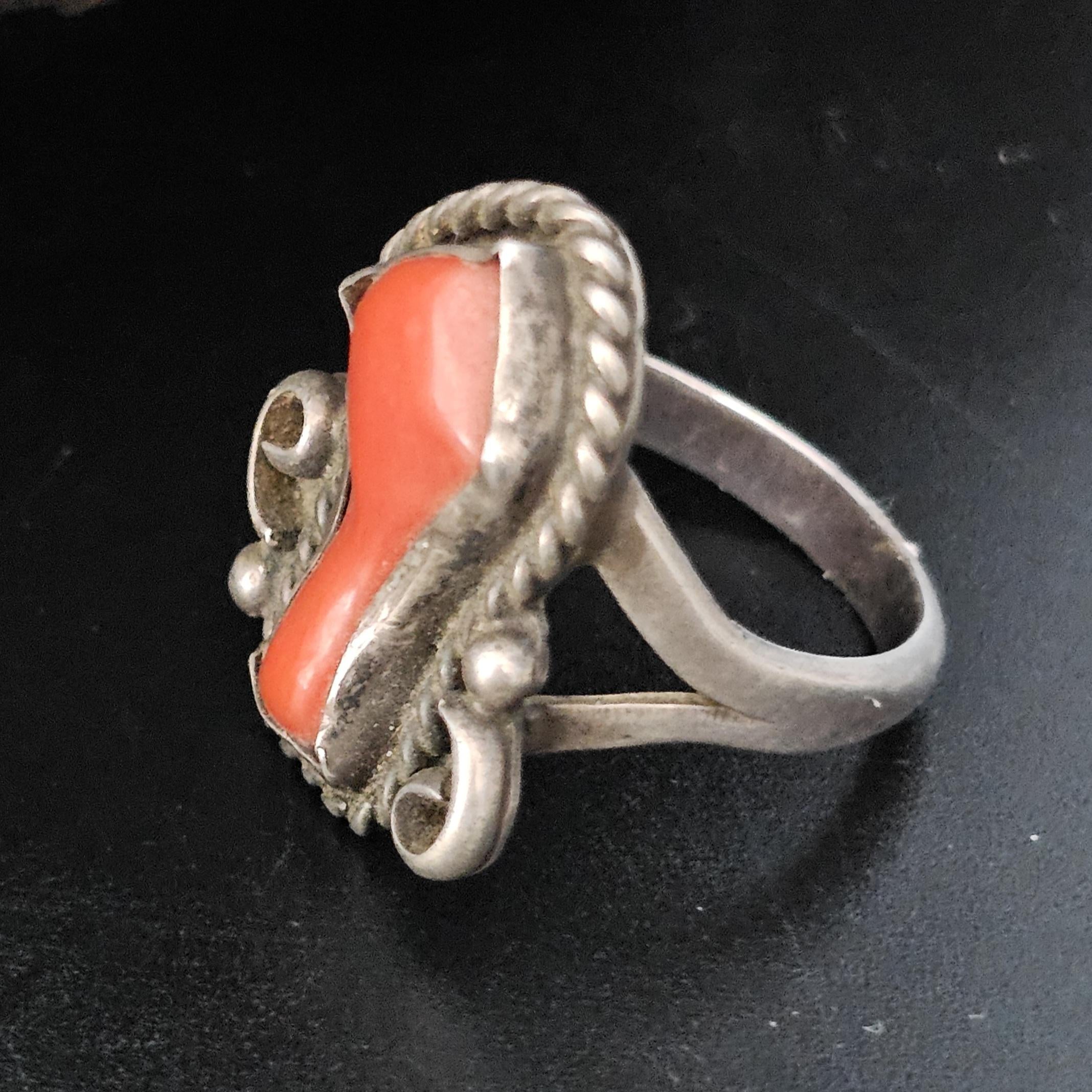 Coral Vintage Native Ring Old Pawn Size 8 1/2 JR 463