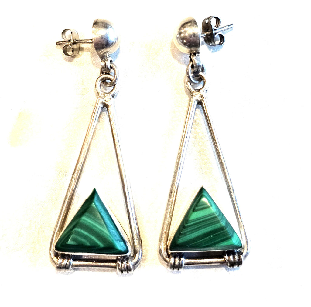 Malachite Triangles 2 1/2" Dangle Silver Vintage Native Earrings Old Pawn JE 598