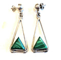 Malachite Triangles 2 1/2" Dangle Silver Vintage Native Earrings Old Pawn JE 598