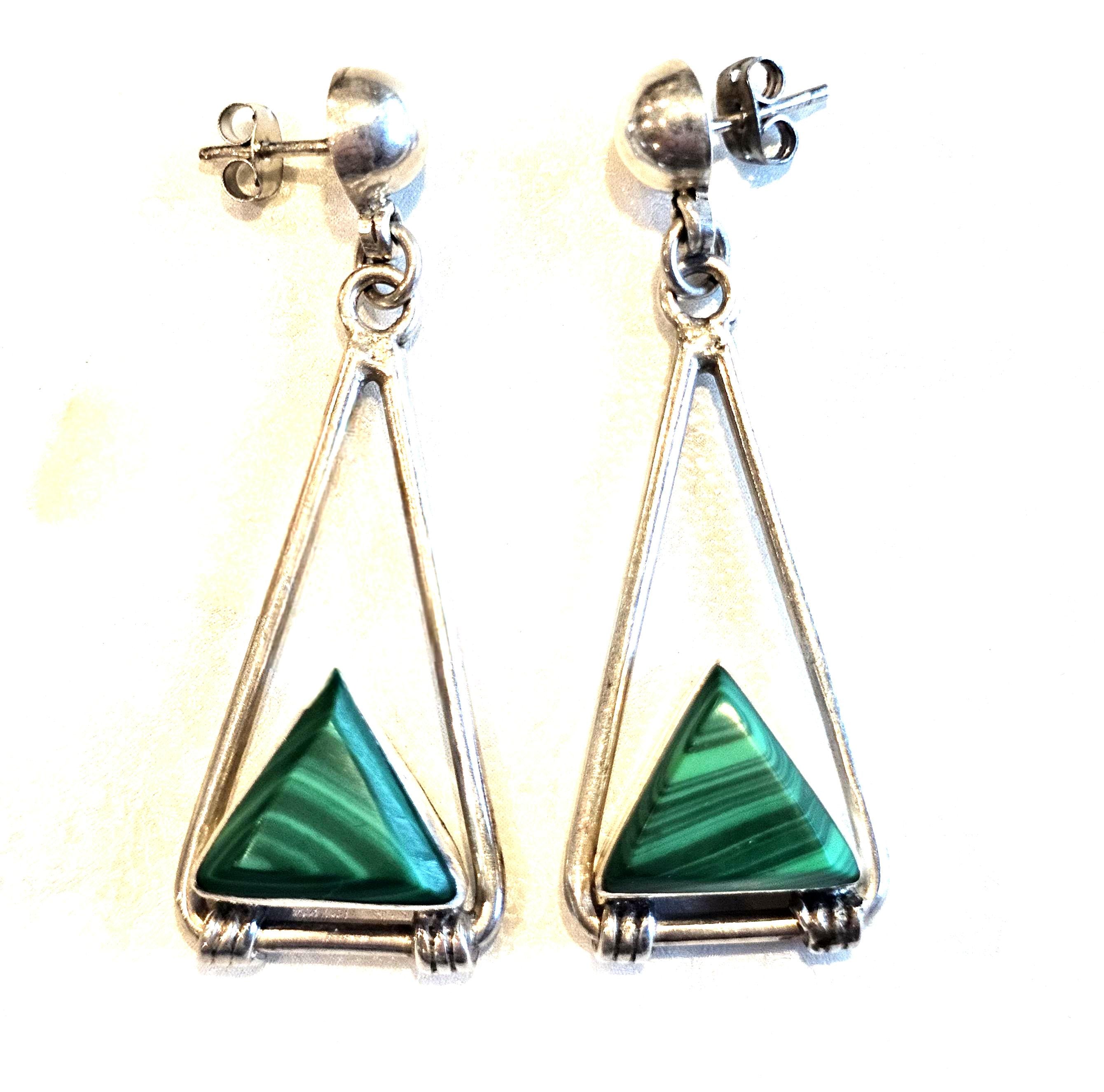 Malachite Triangles 2 1/2" Dangle Silver Vintage Native Earrings Old Pawn JE 598