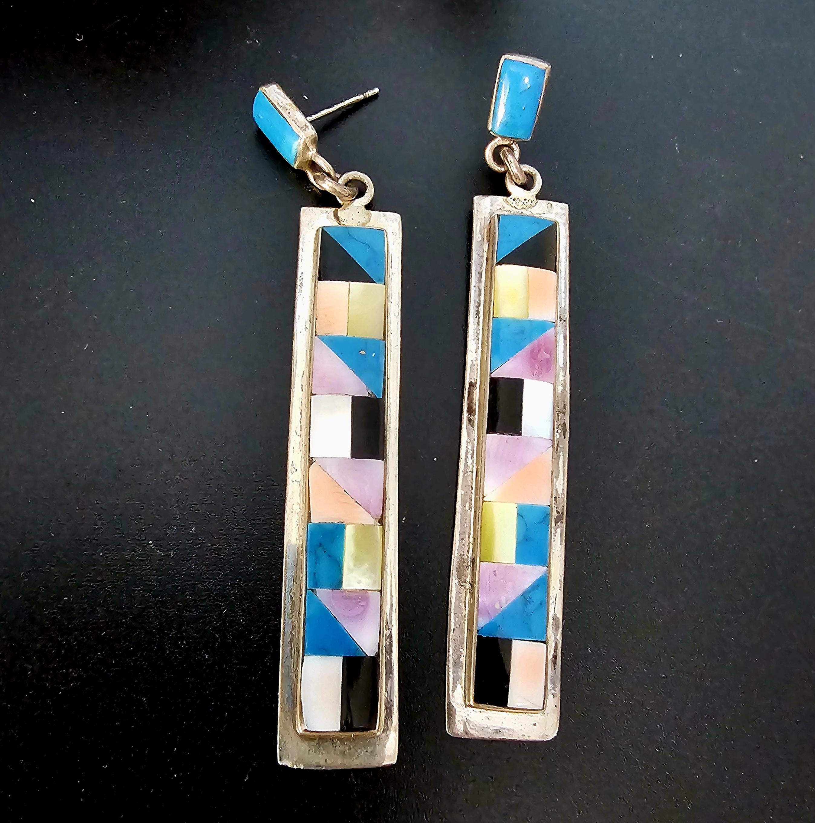 Zuni Multi Color Inlay Native Earrings Old Pawn 2 3/4"  JE 611