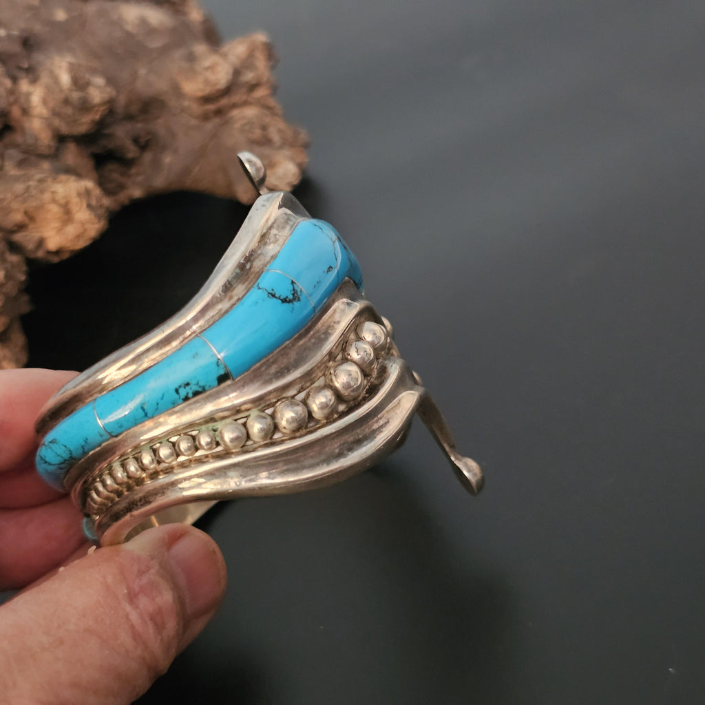 Dramatic Hinged Turquoise Sterling Vintage Native Silver Cuff 7"  JB 196