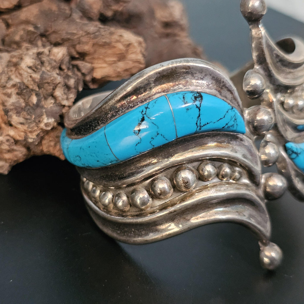 Dramatic Hinged Turquoise Sterling Vintage Native Silver Cuff 7"  JB 196