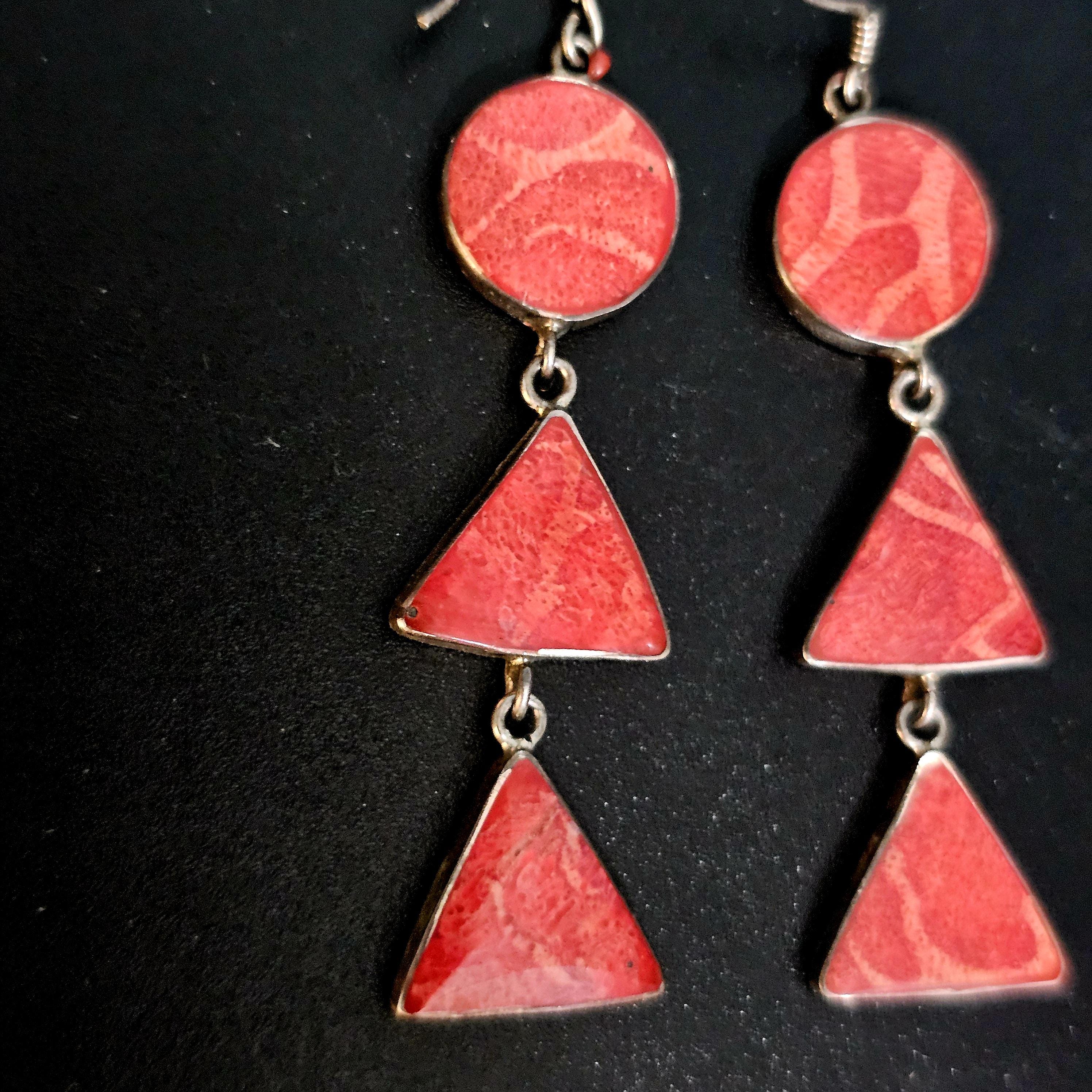 Red Agate 2 1/2" Silver Vintage Earrings JE 599