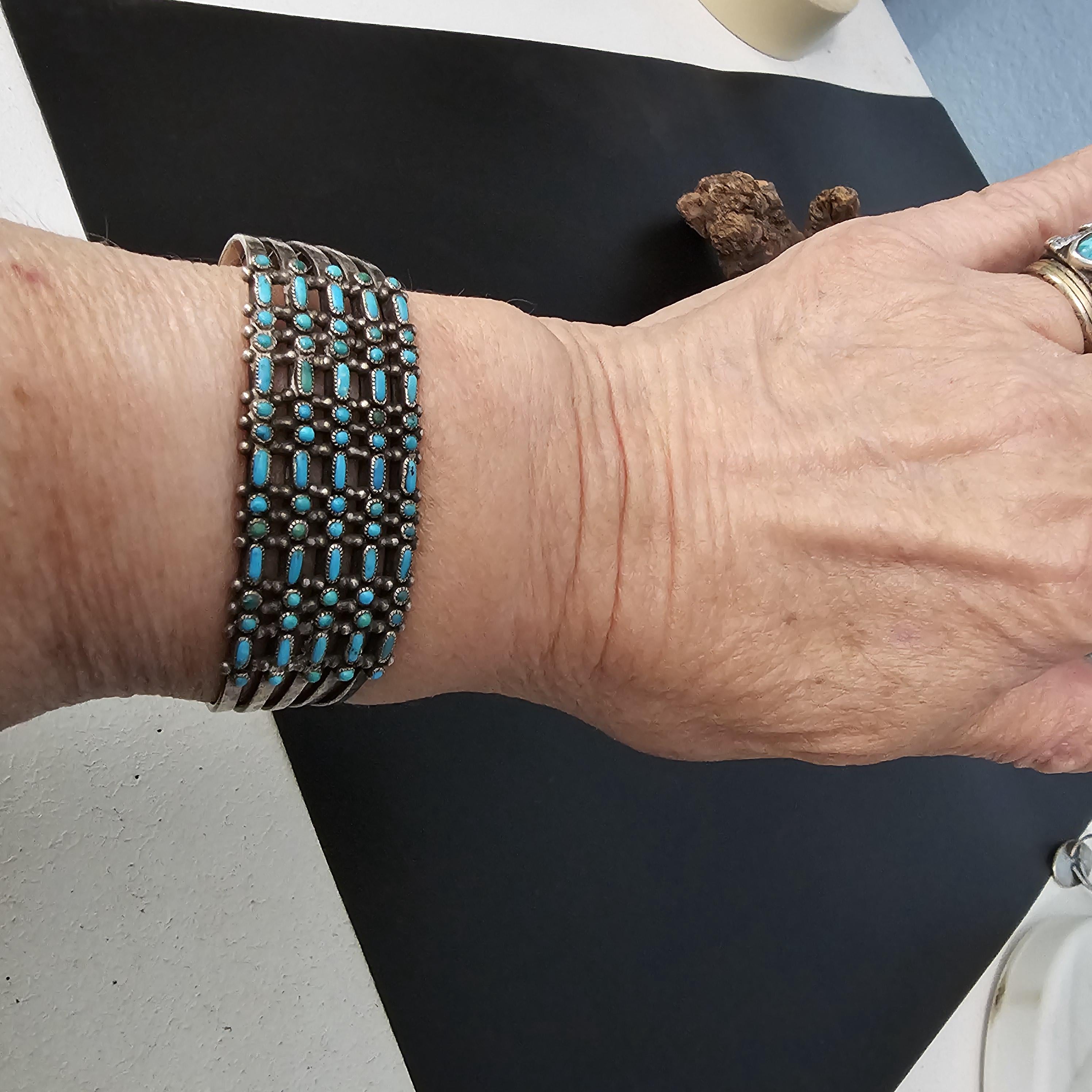 1940s Zuni Turquoise Sterling Silver Dot Dash Cuff 6"